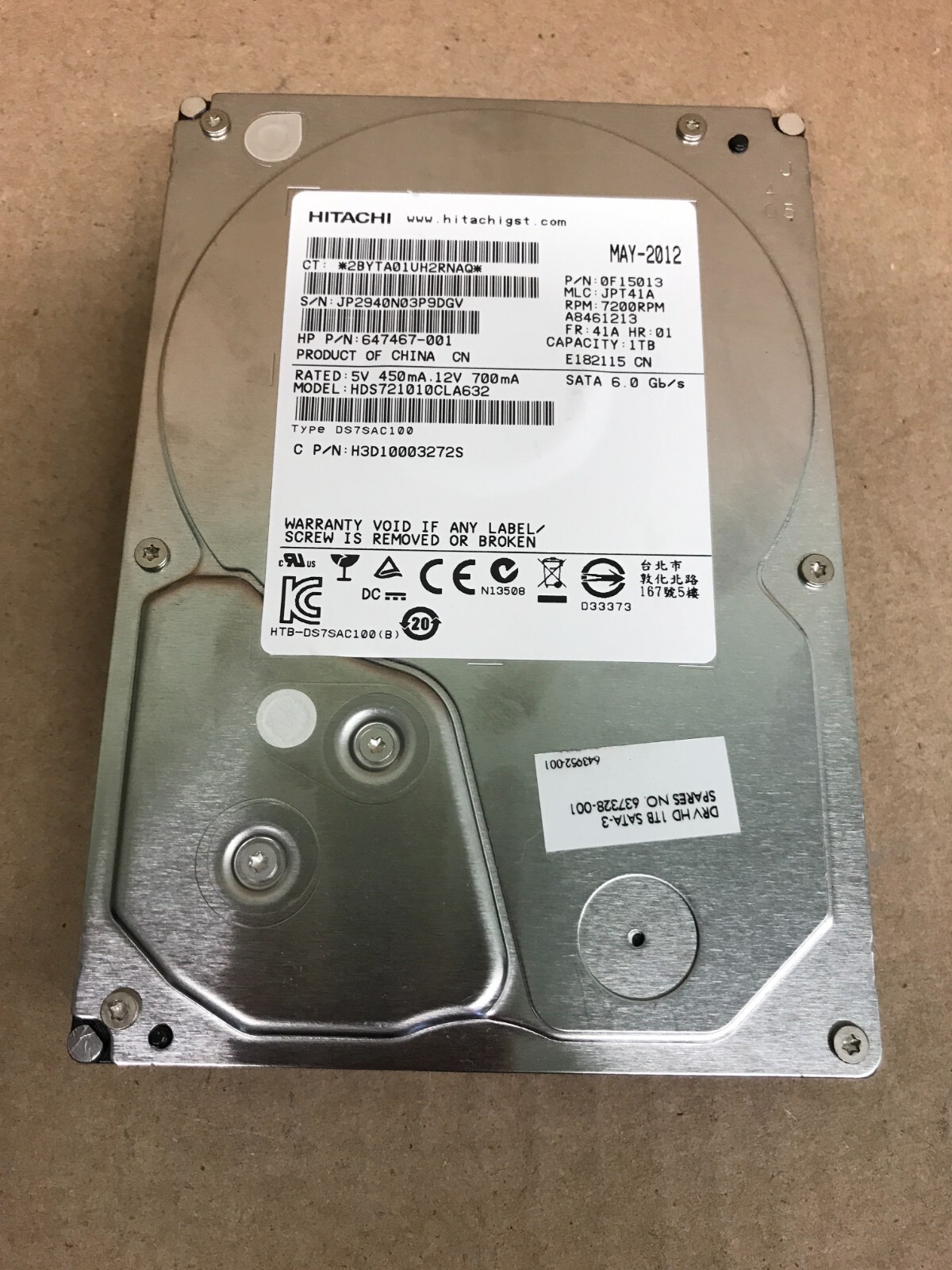 637328-001 HDS721010CLA632 HPE 1TB 6G 7.2K RPM LFF 3.5" SATA NHP HDD HARD DRIVE