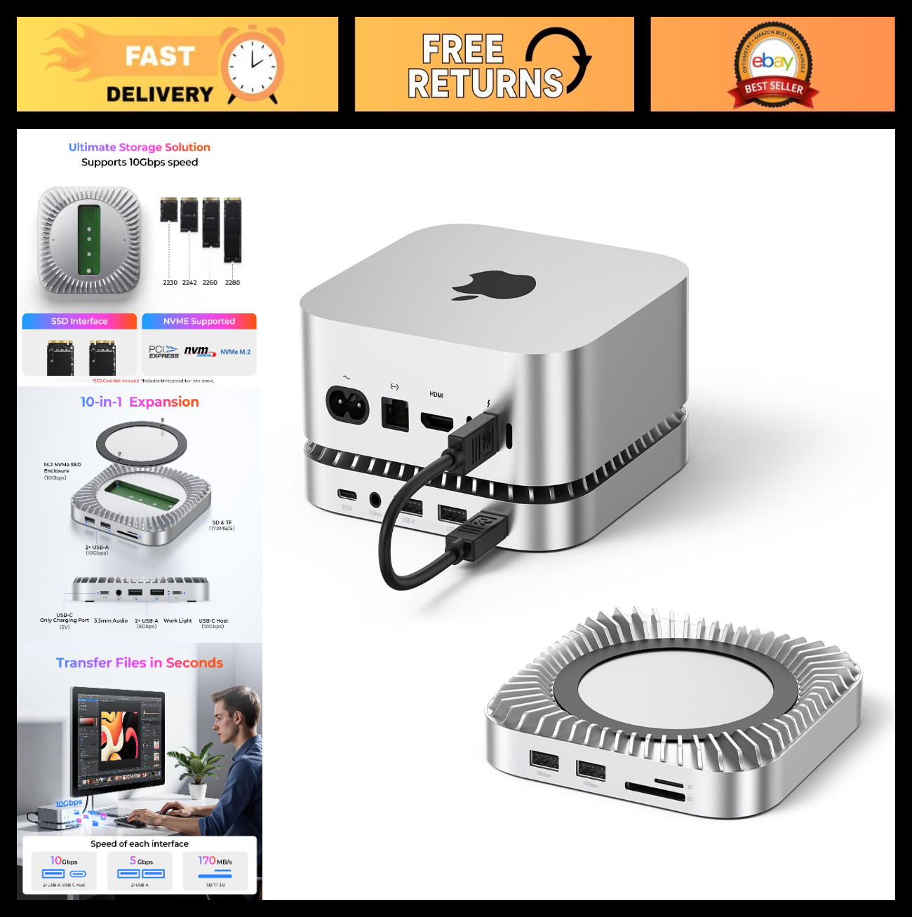 Mac Mini Dock & Stand with 8TB NVMe SSD Enclosure, 10Gbps USB A/C, SD/TF, Audio