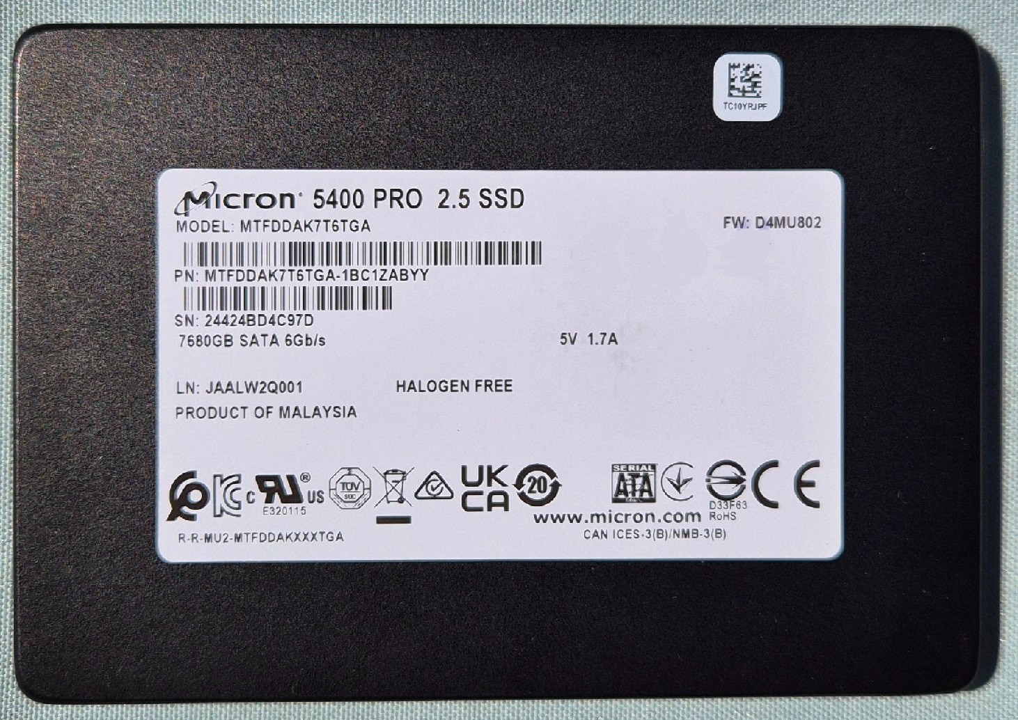 Micron 5400 PRO 7.68TB 2.5" SATA SSD MTFDDAK7T6TGA-1BC1ZABYY, 100% Health