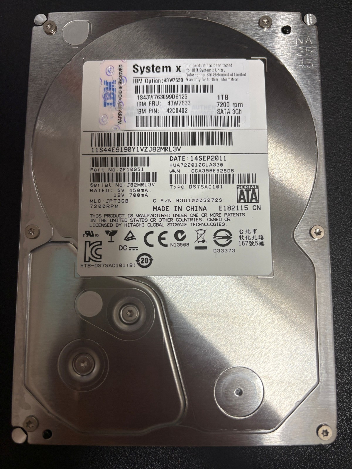 IBM FRU 43W7633 - 42C0402 - 1TB SATA Disk Drive - HUA722010CLA330 - PN: 0F10951