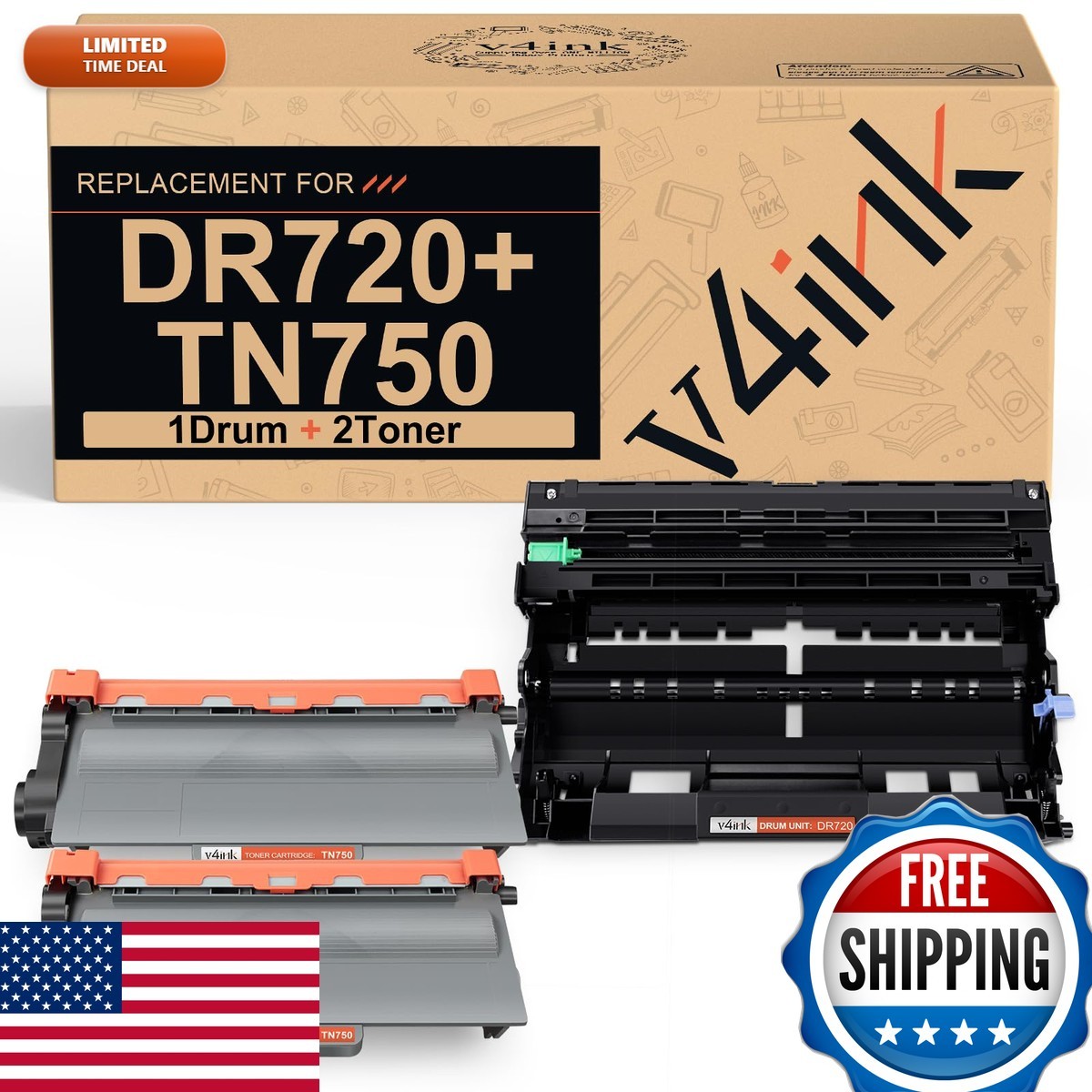v4ink Toner & Drum Set for Brother TN750 DR720 (1 Drum + 2 Toners) HL-5470DW