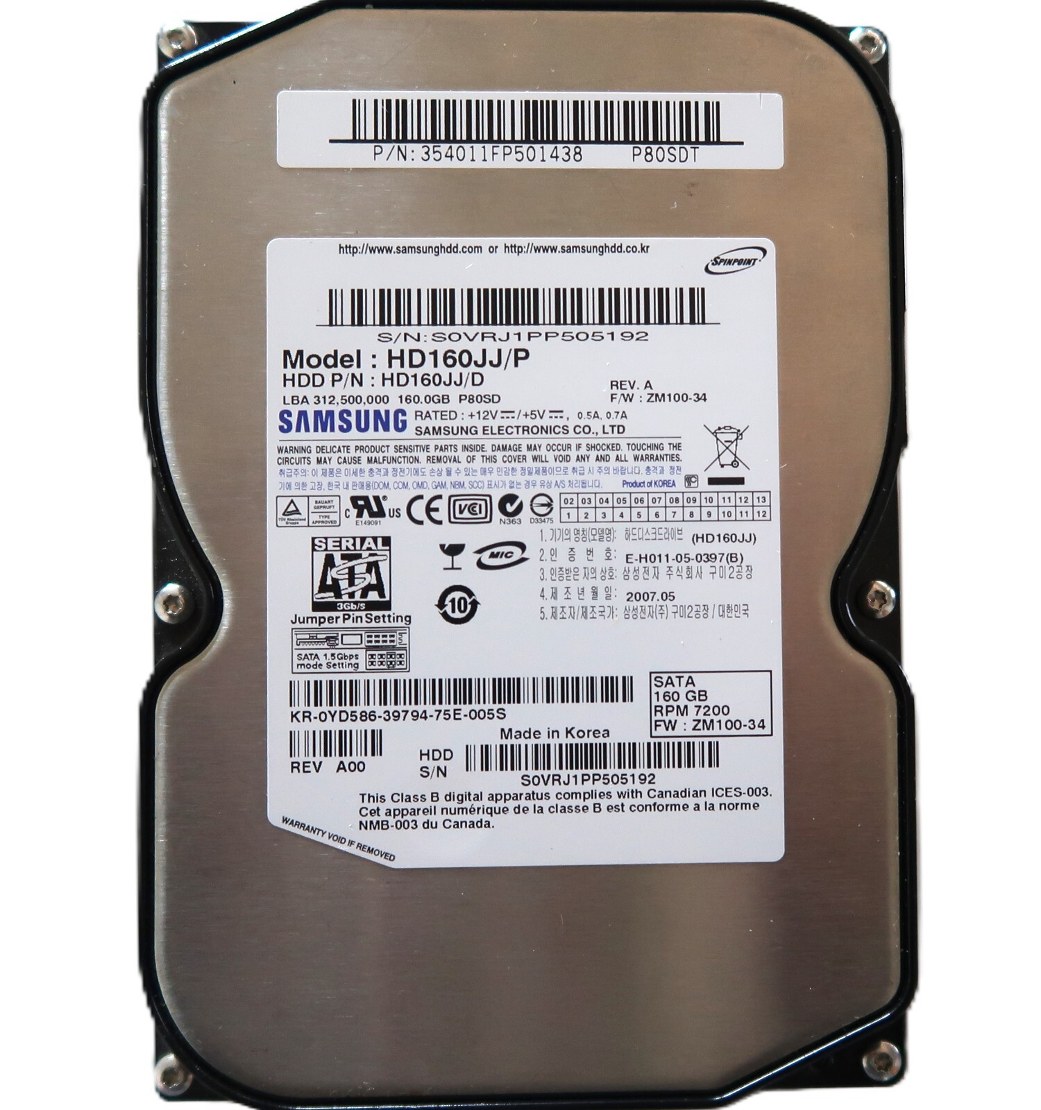 Samsung HD160JJ/P HD160JJ/D REV.A ZM100-34 (P80SDT) 160gb 3.5" Sata HDD 2007.05