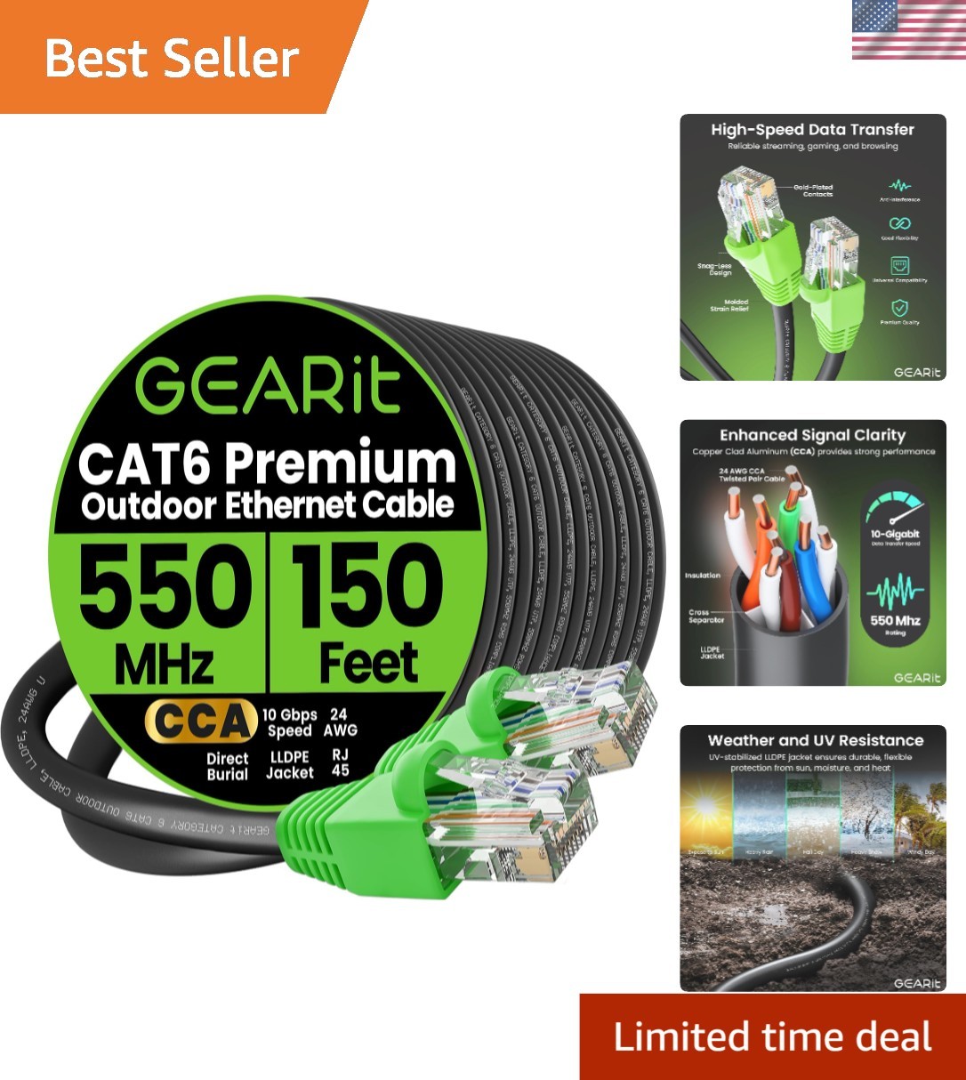 150 ft Direct Burial Cat 6 Ethernet Cable - UV Resistant & Waterproof Jacket