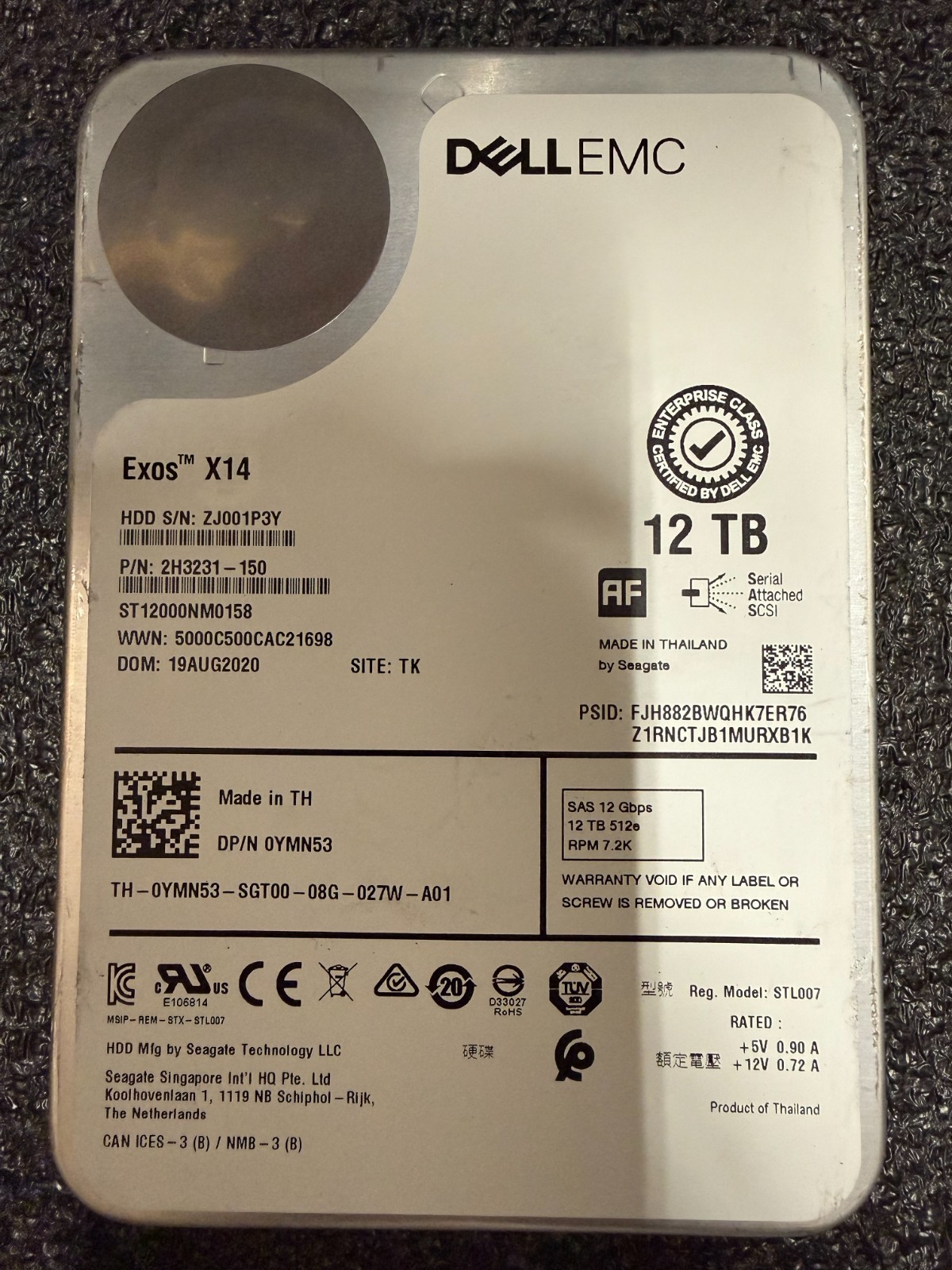Dell EMC Seagate ST12000NM0158 12TB SAS 12Gb 0YMN53 7.2K HDD