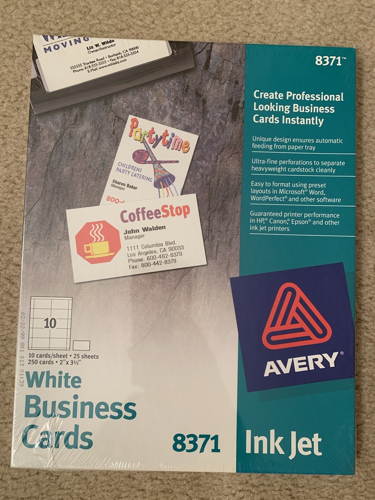 New Sealed Avery 8371 - 250 Cards - 2 x 3.5 White Inkjet Business Cards