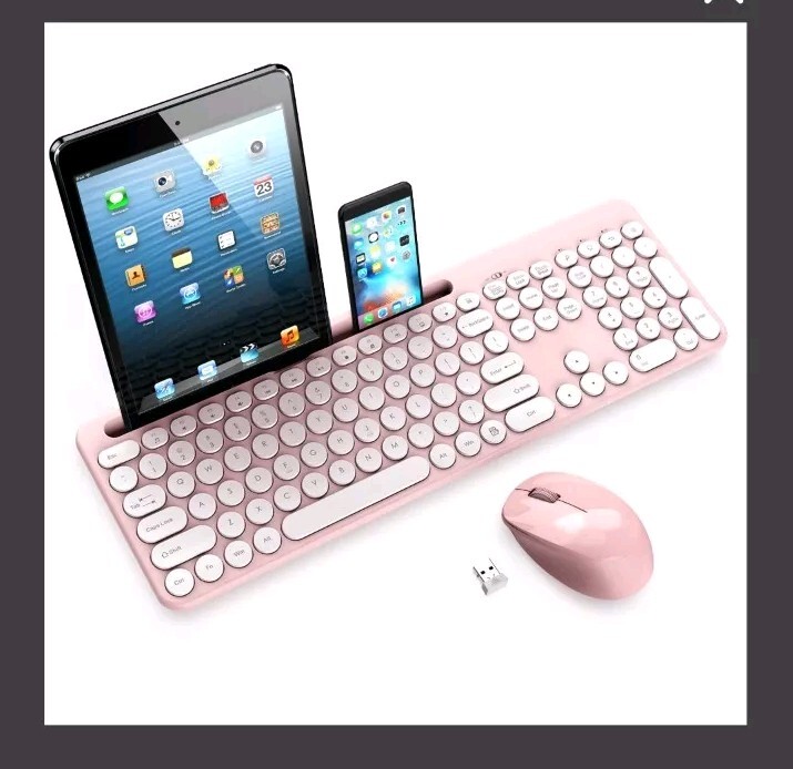 LeadsaiL Wireless Keyboard and  Wireless USB Mouse Round Keys Pinkish