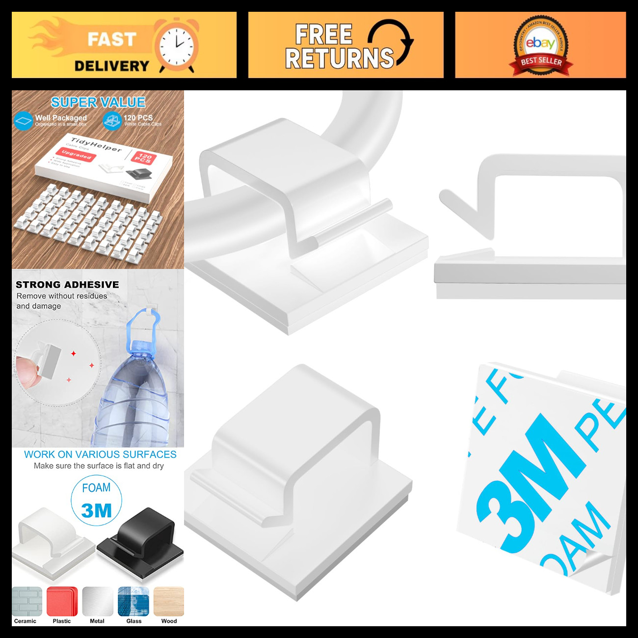 120 PCS White Cable Clips - Strong Adhesive Wire Organizers for Cord Management,