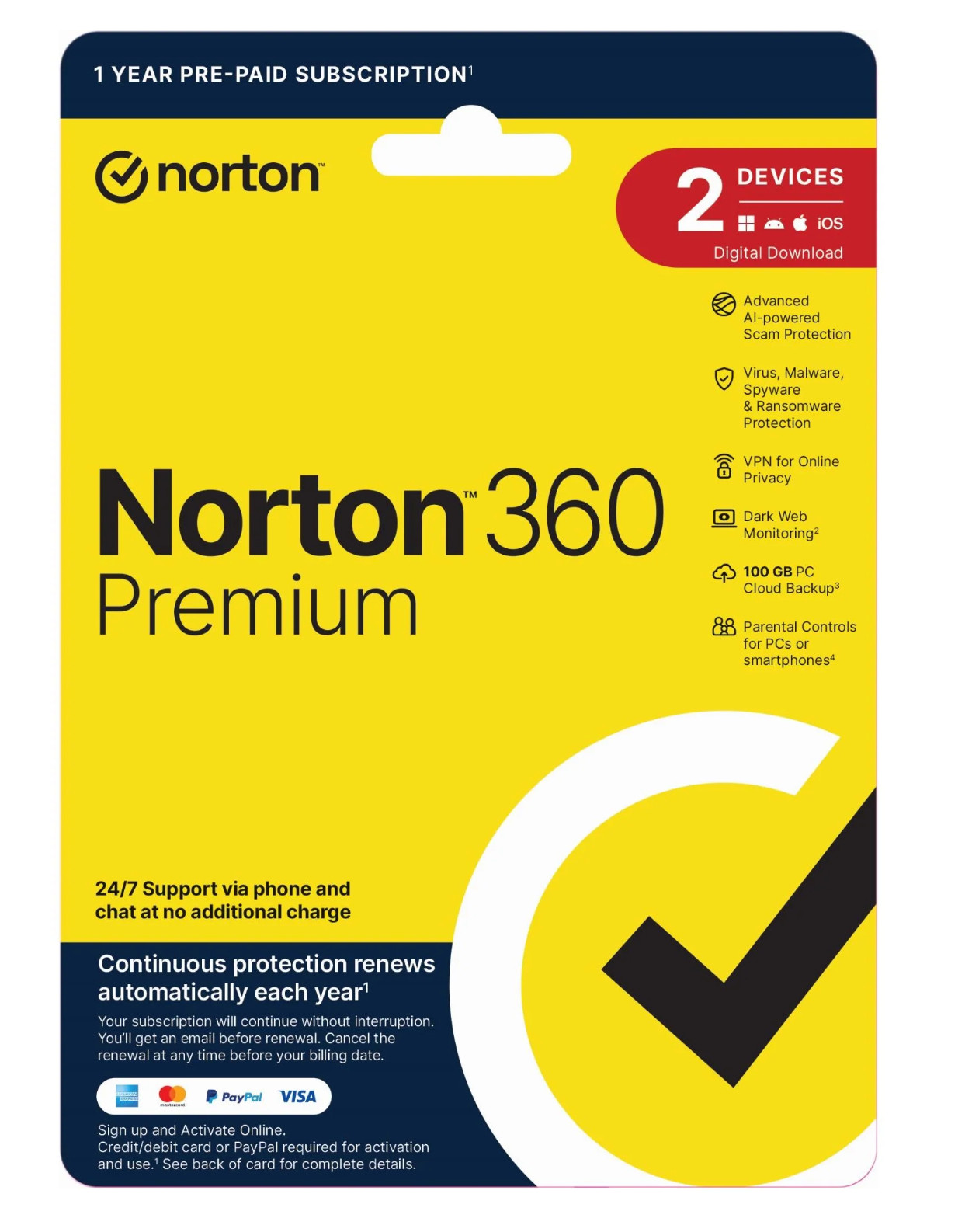 Norton 360 Premium - 2 Devices - 1 Year Pre-Paid Subscription