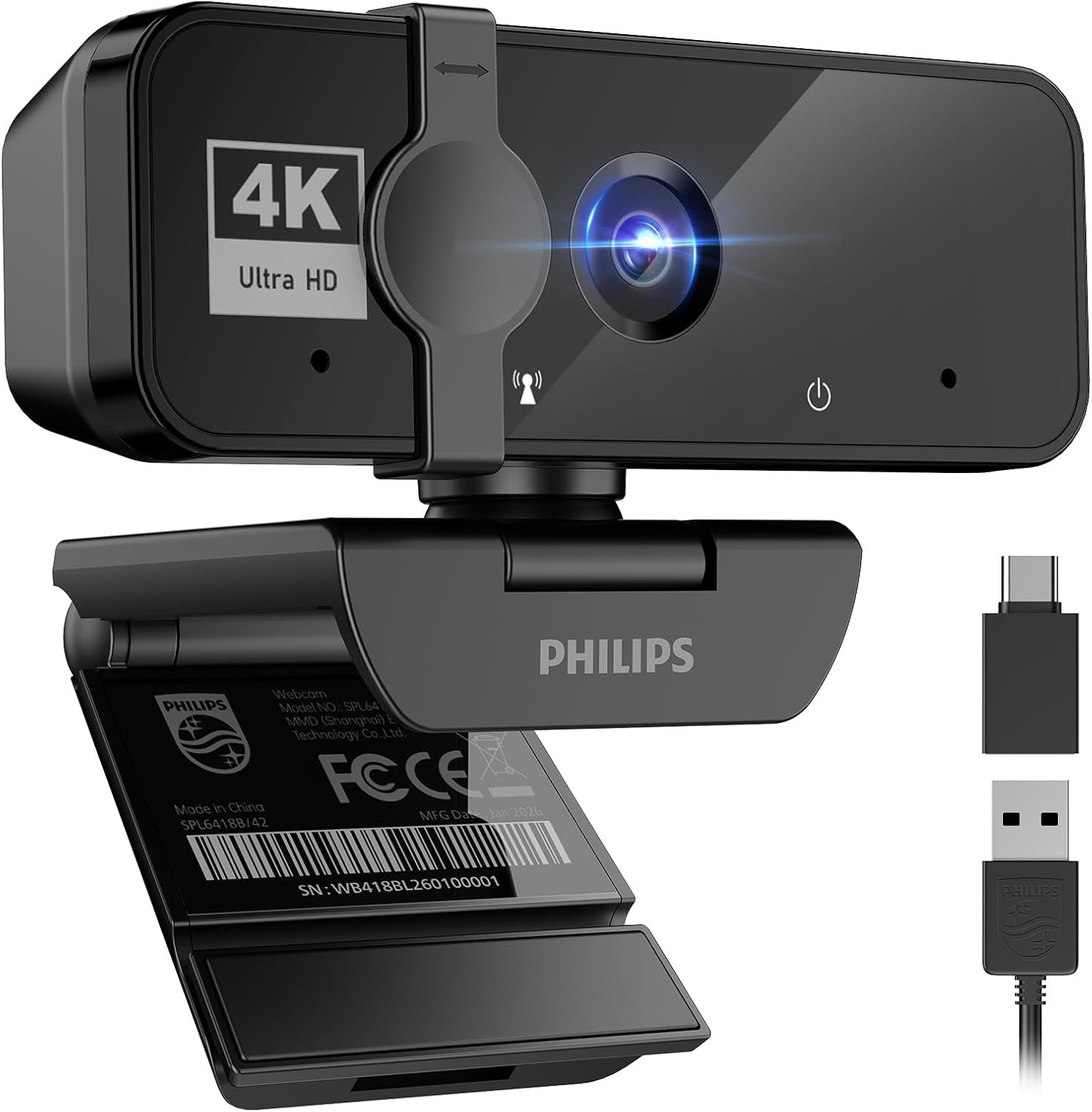 PHILIPS 4K Webcam for PC with Microphone, Computer Camera for Meetings with Priv