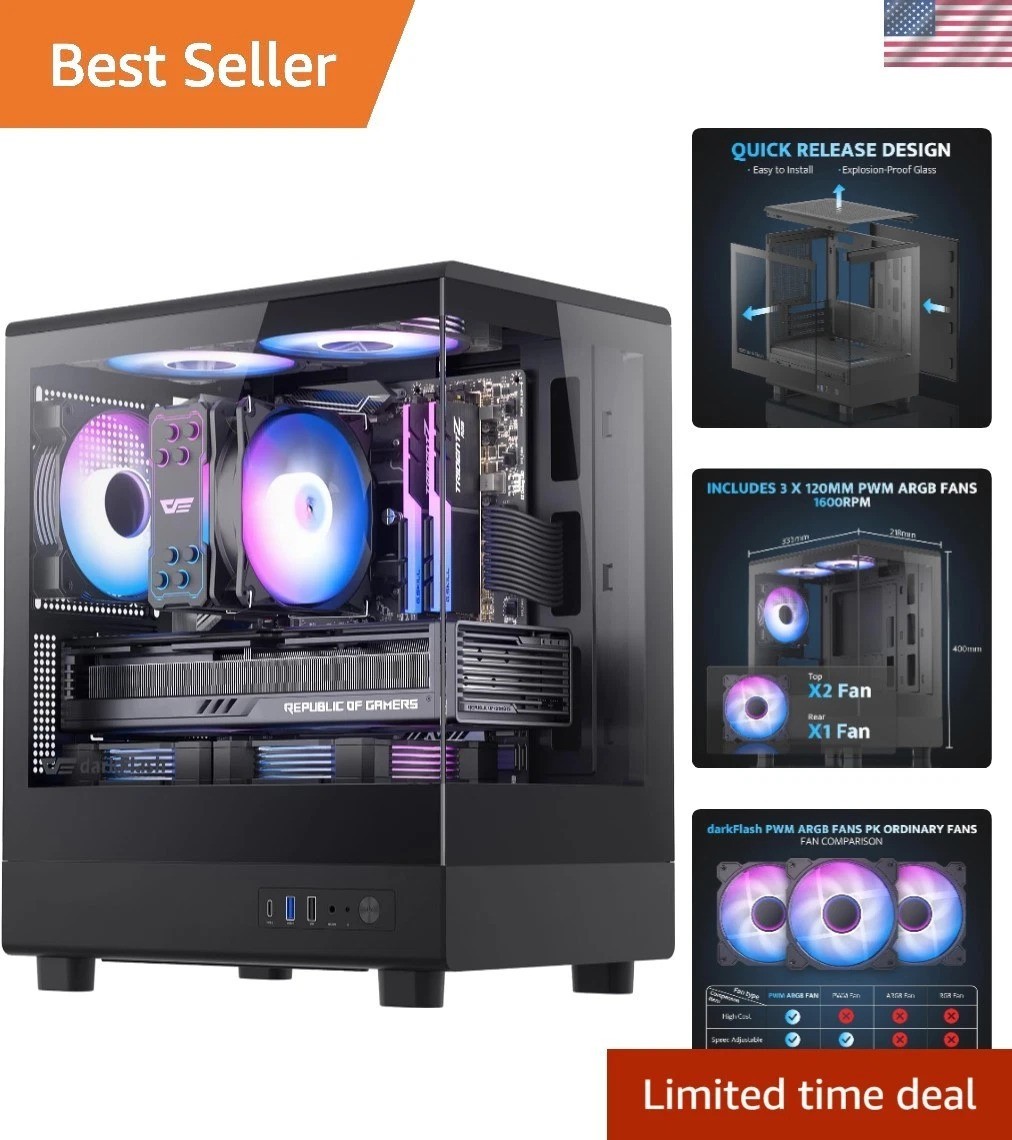 Stylish MATX Case with 3 ARGB Fans - Showcase Your Build with Clear Glass Panels