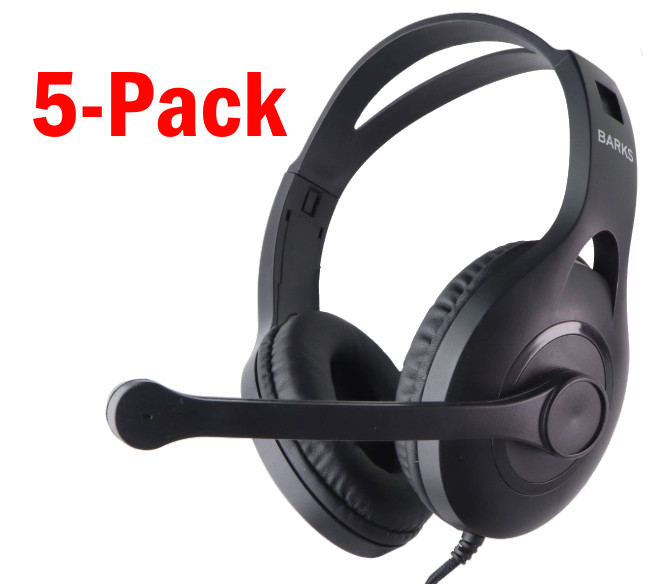 5-Pack Barks Classroom On-Ear Bulk Headphones with Microphone for (K-12) - Black