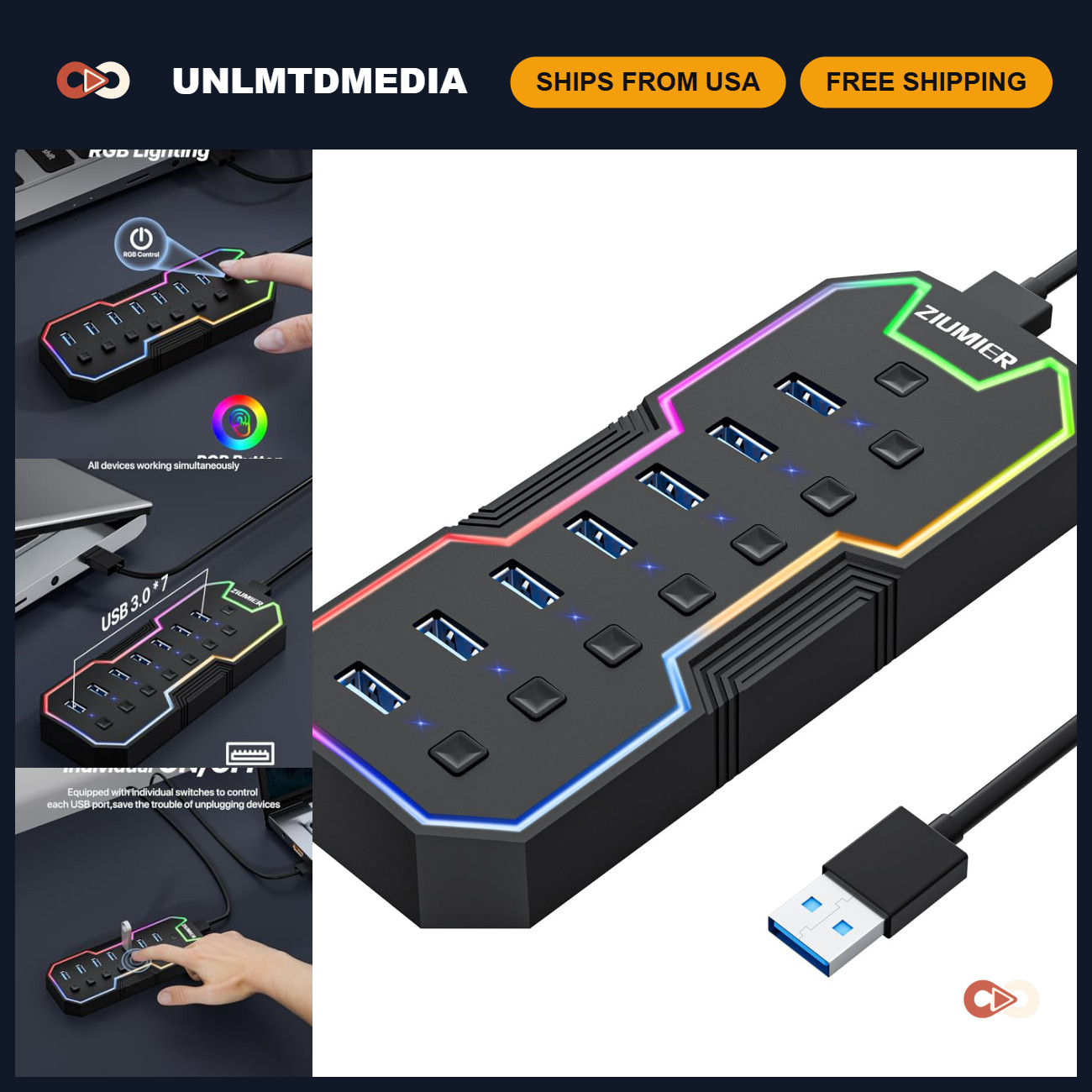 7-Port USB Hub with RGB LED Strip, USB Splitter for Laptop & Gaming Accessories