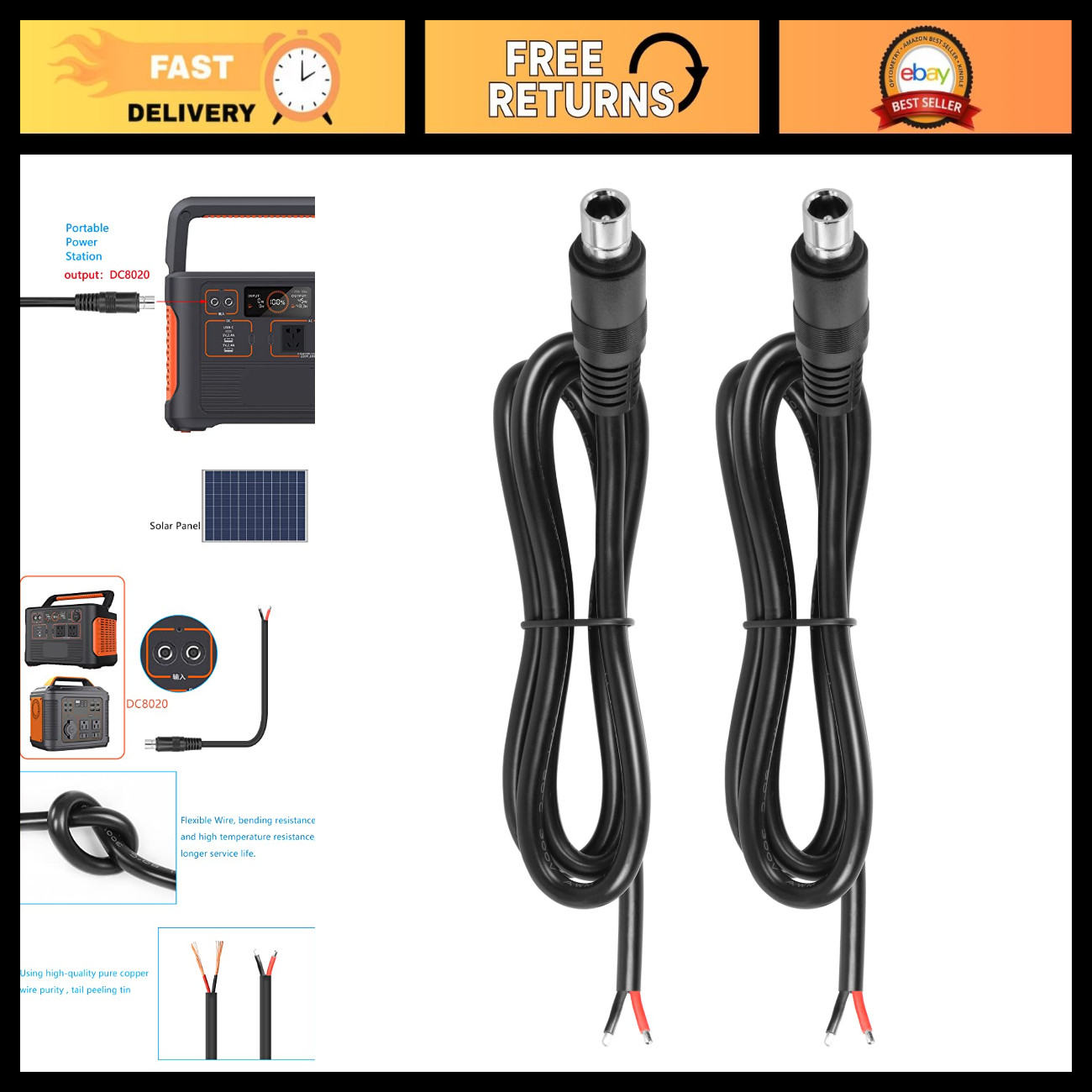 2PCS DC8020 Connector Pigtail Cable 8mm Male Plug to Bare Wire Power Cable 1m