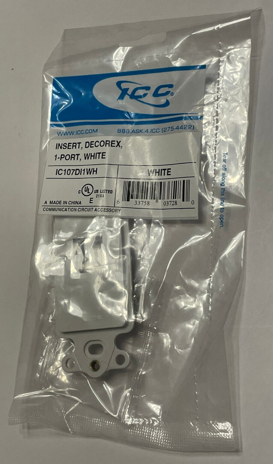 New Sealed ICC Decorex 1-Port White Wall Plate Insert - IC107DI1WH