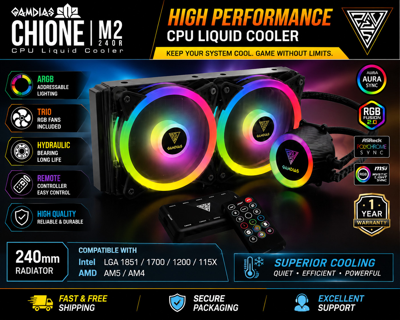 NEW GAMDIAS CHIONE M2-240R 240mm RGB CPU Liquid Cooler 2x120mm Fans MB Sync