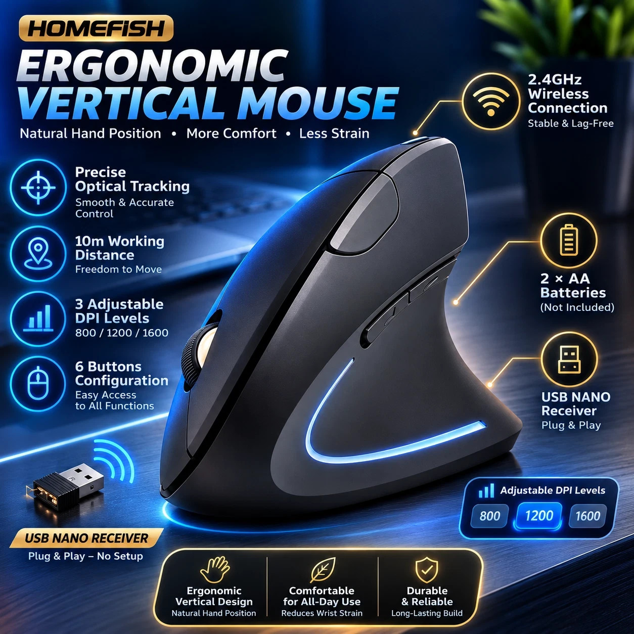 Ergonomic Vertical Wireless Mouse 2.4GHz 6 Button 800-1600 DPI Black PC