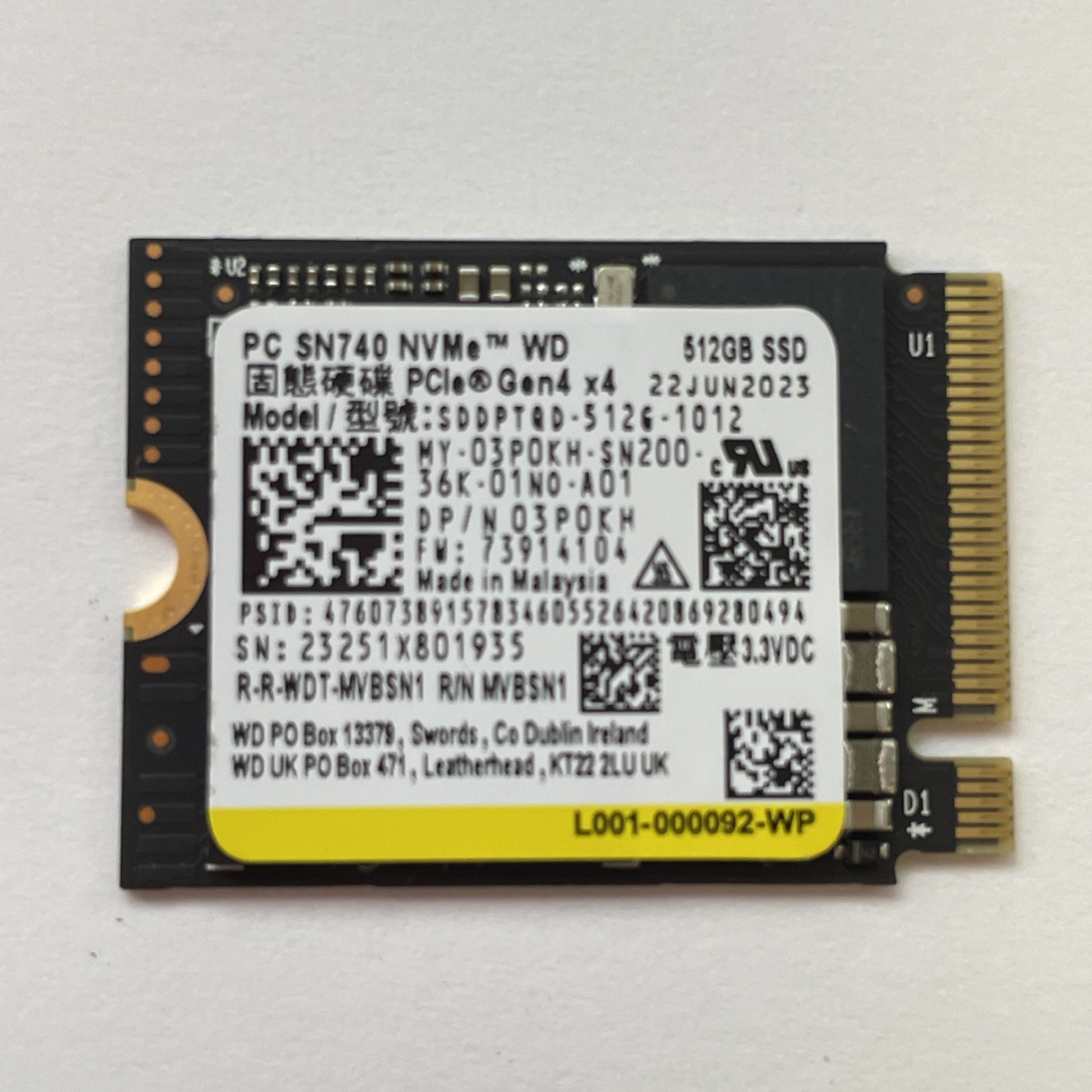 512GB Western Digital WD SN740 M.2 PCIe Gen4x4 NVMe 2230 SSD SDDPTQD-512G-1012