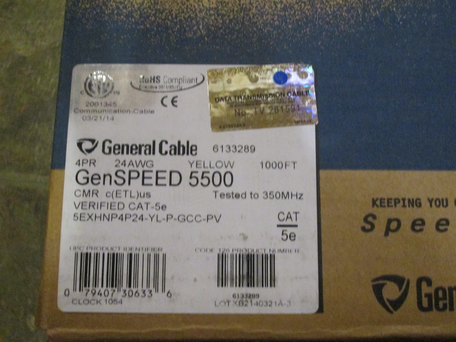 General Cable GenSpeed 5500 CAT 5e Riser Cable. Yellow. 350Mhz 600FT # 6133289