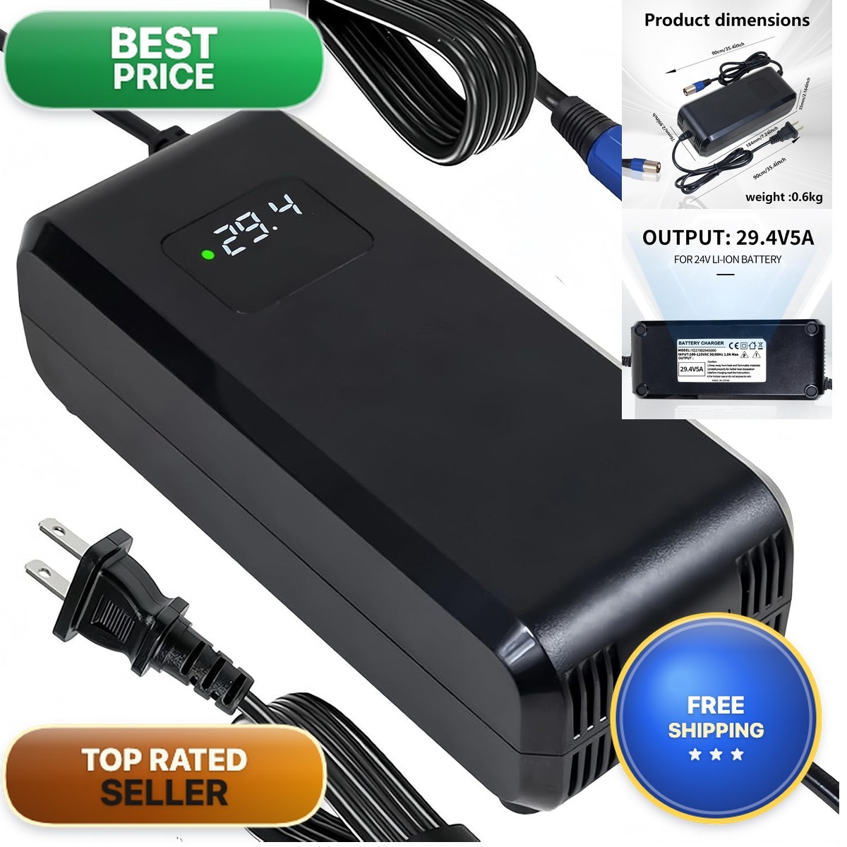24V(Max 29.4V) 5A Lithium Battery Charger for 24V Lithium Packs