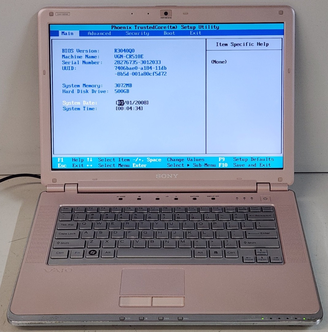 Sony VAIO VGN-CR510E Laptop 3GB RAM 500GB HDD POST OK - AS-IS - Pink