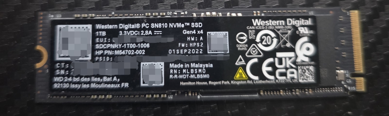 WD PC SN810 1TB Gen4 NVMe SSD (100% Health) 