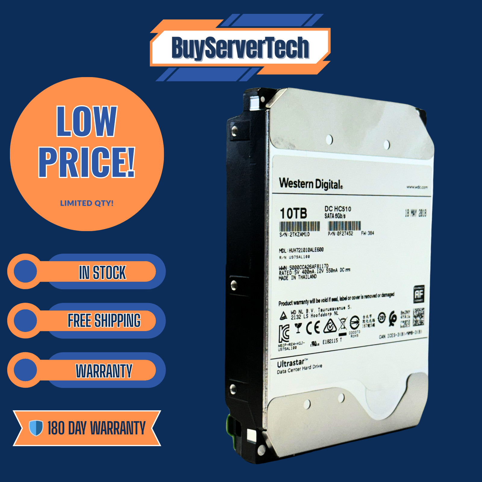 HGST HUH721010ALE600 10TB 7200r SATA 6Gb/s 3.5"  256MB 512e | Grade A - 0F27452