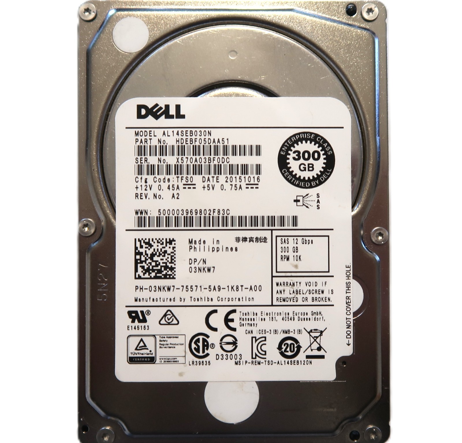Dell AL14SEB030N HDEBF05DAA51 03NKW7 TFS0 10K 12Gb/s 2.5" 300gb SAS hard drive