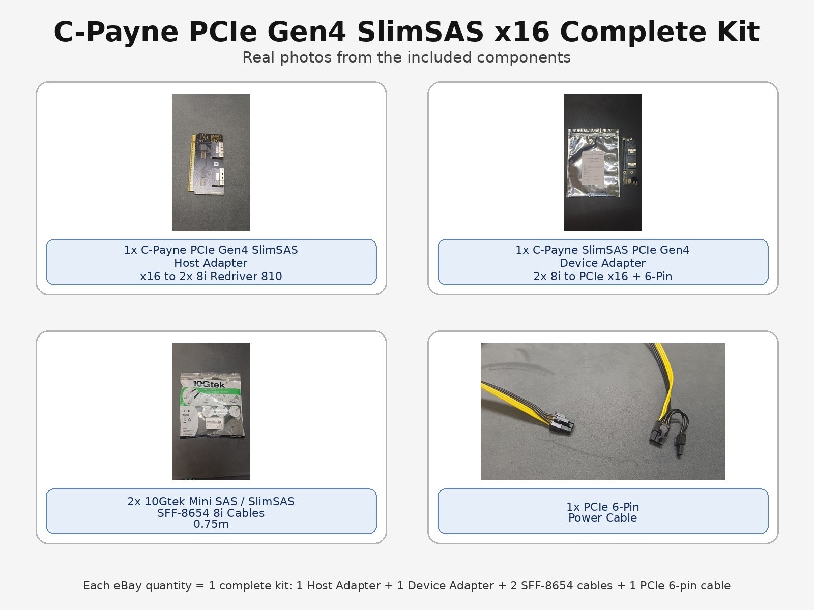 C-Payne PCIe Gen4 SlimSAS x16 Kit Host Device Adapter 2x SFF-8654 Cables 6-Pin