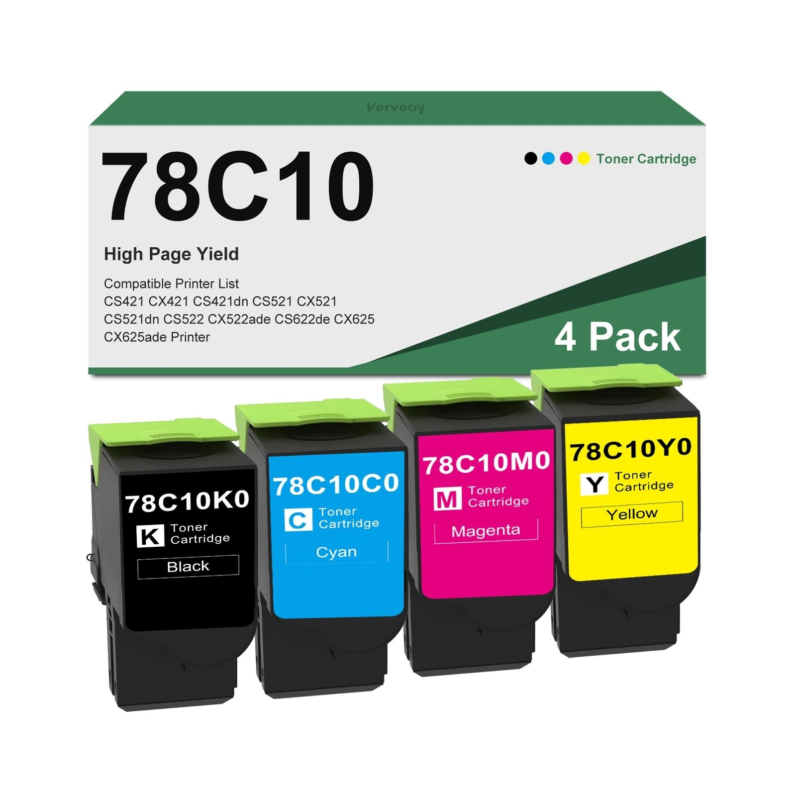 78C10K0 78C10C0 78C10M0 78C10Y0 Black Cyan Magenta Yellow High Yield Toner Ca...