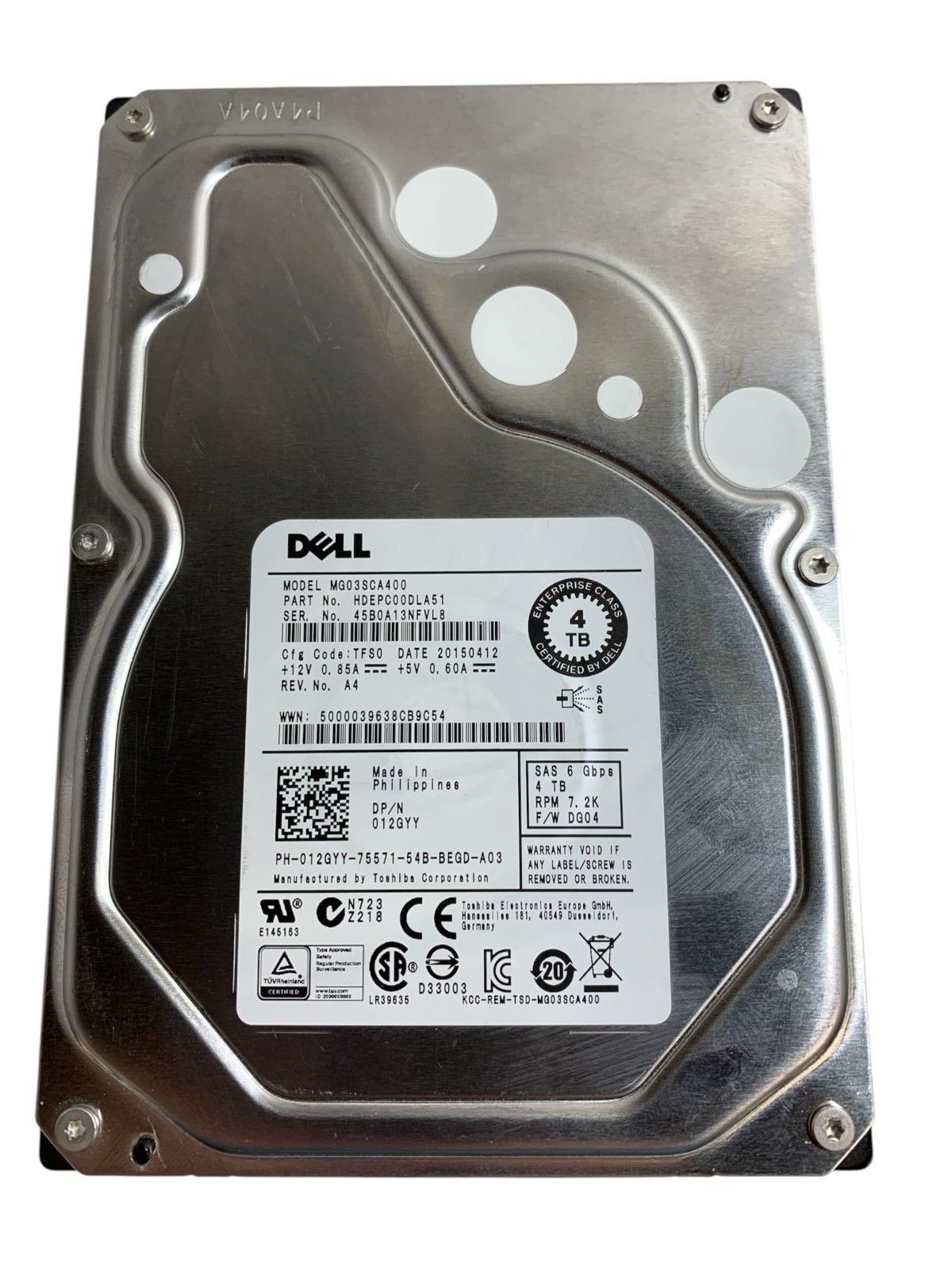 Dell Toshiba 4TB 7200RPM SAS 3.5" HDD - MG03SCA400 - 100% Health