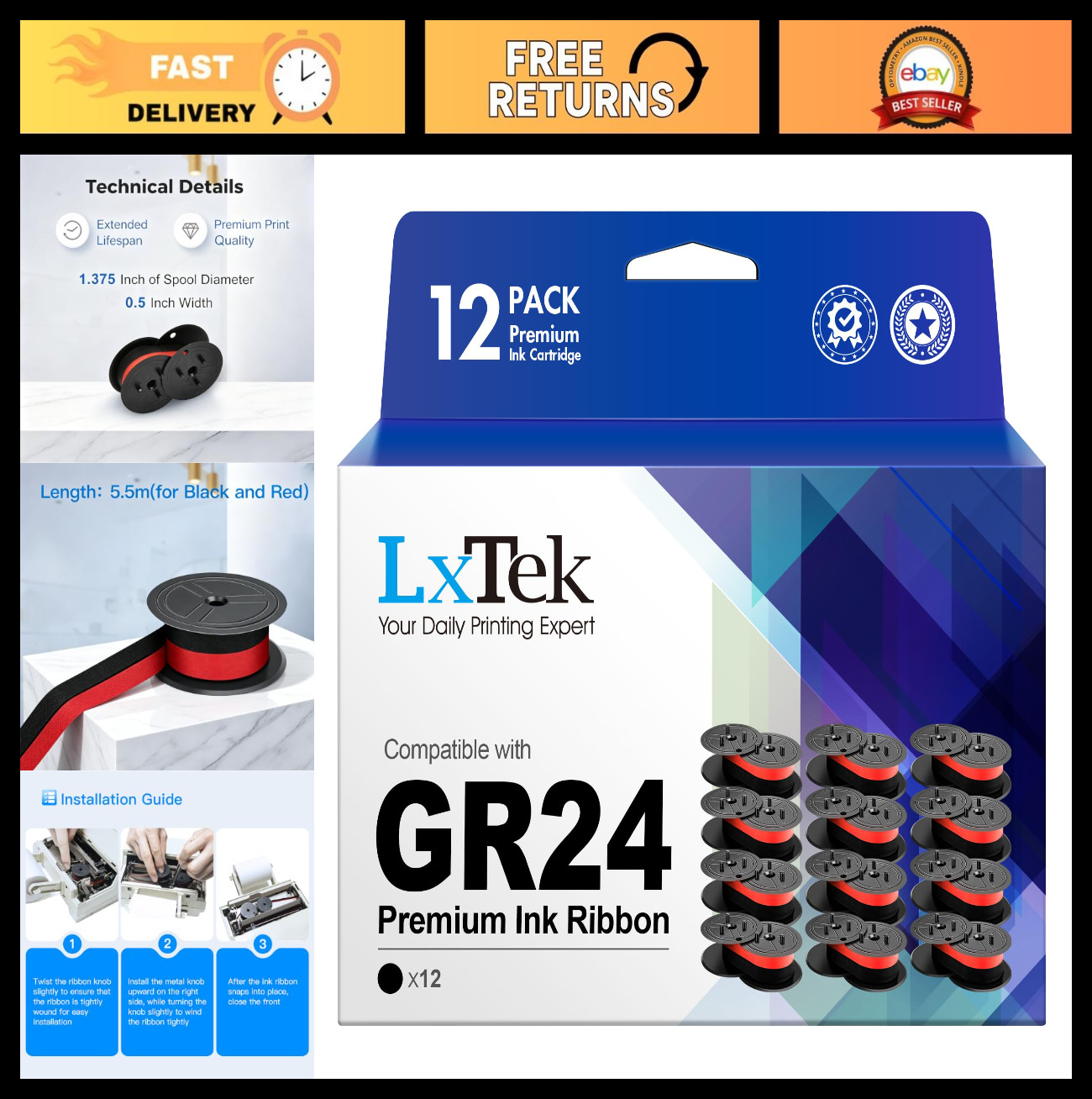 12 Pack Universal Twin Spool Calculator Ribbon Replacement - GR24 Compatible