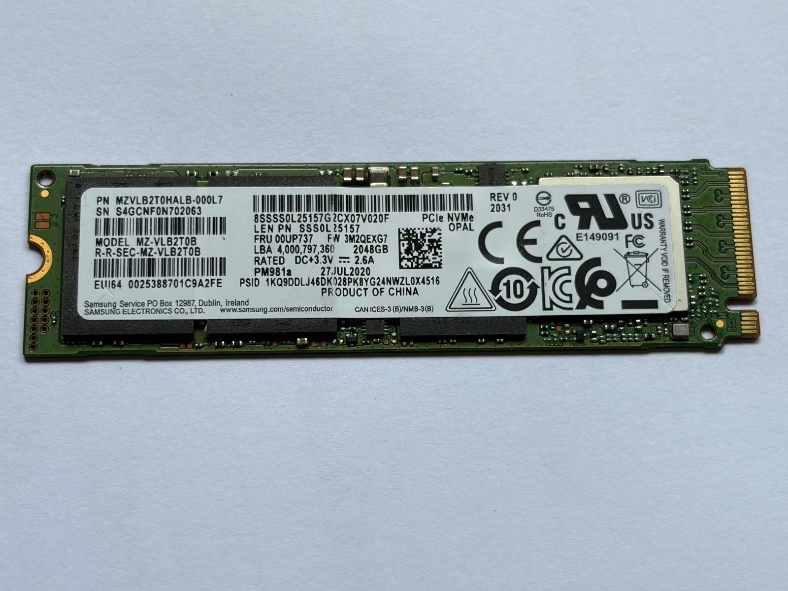 Samsung MZ-VLB2T0B 2 TB PM981a Gen3x4 NVMe M.2 2280 PCIe SSD 3500MB/s For Lenovo
