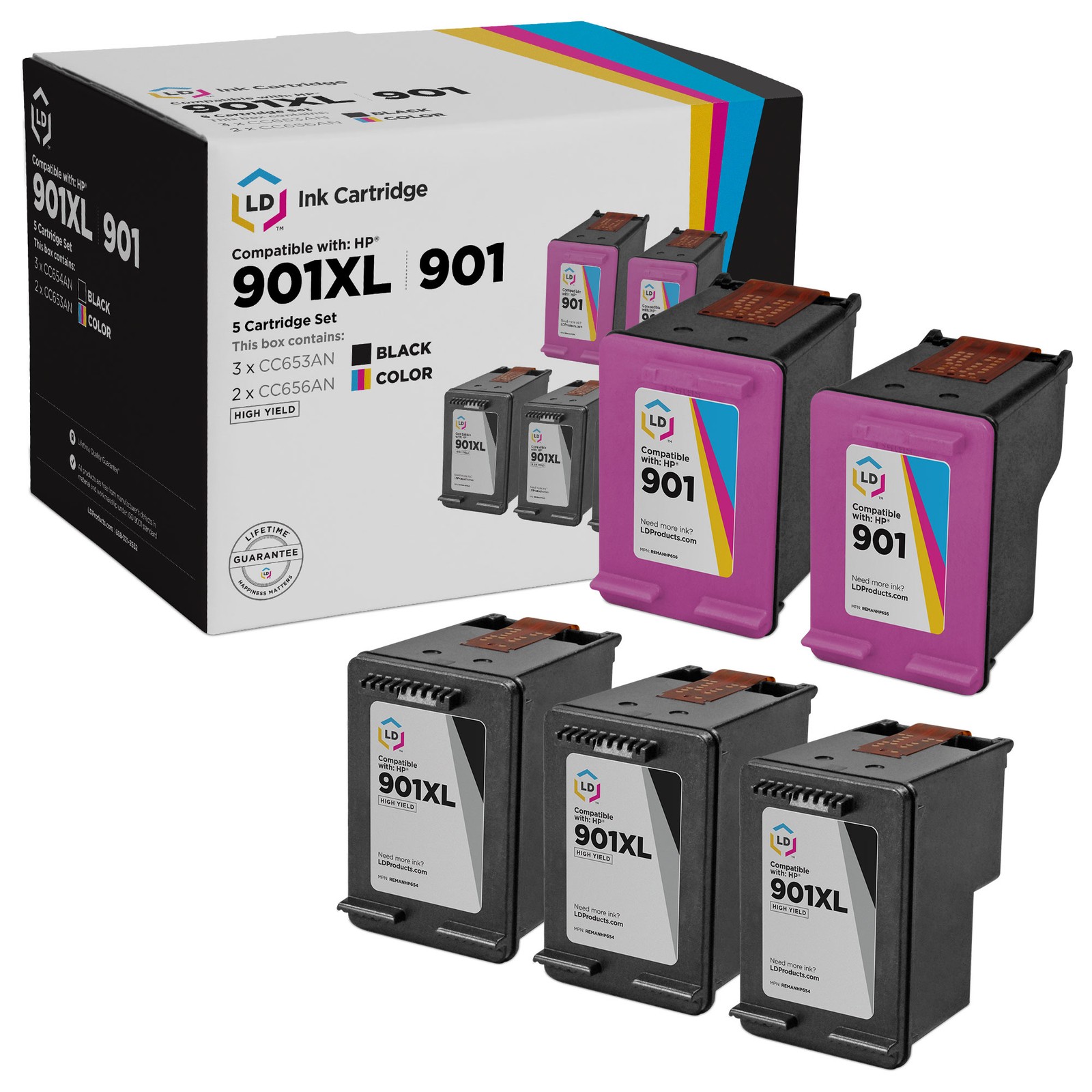 Replacement Replacements Fits for HP 901XL 5PK: 3 CC654AN Black/2 CC656AN Color
