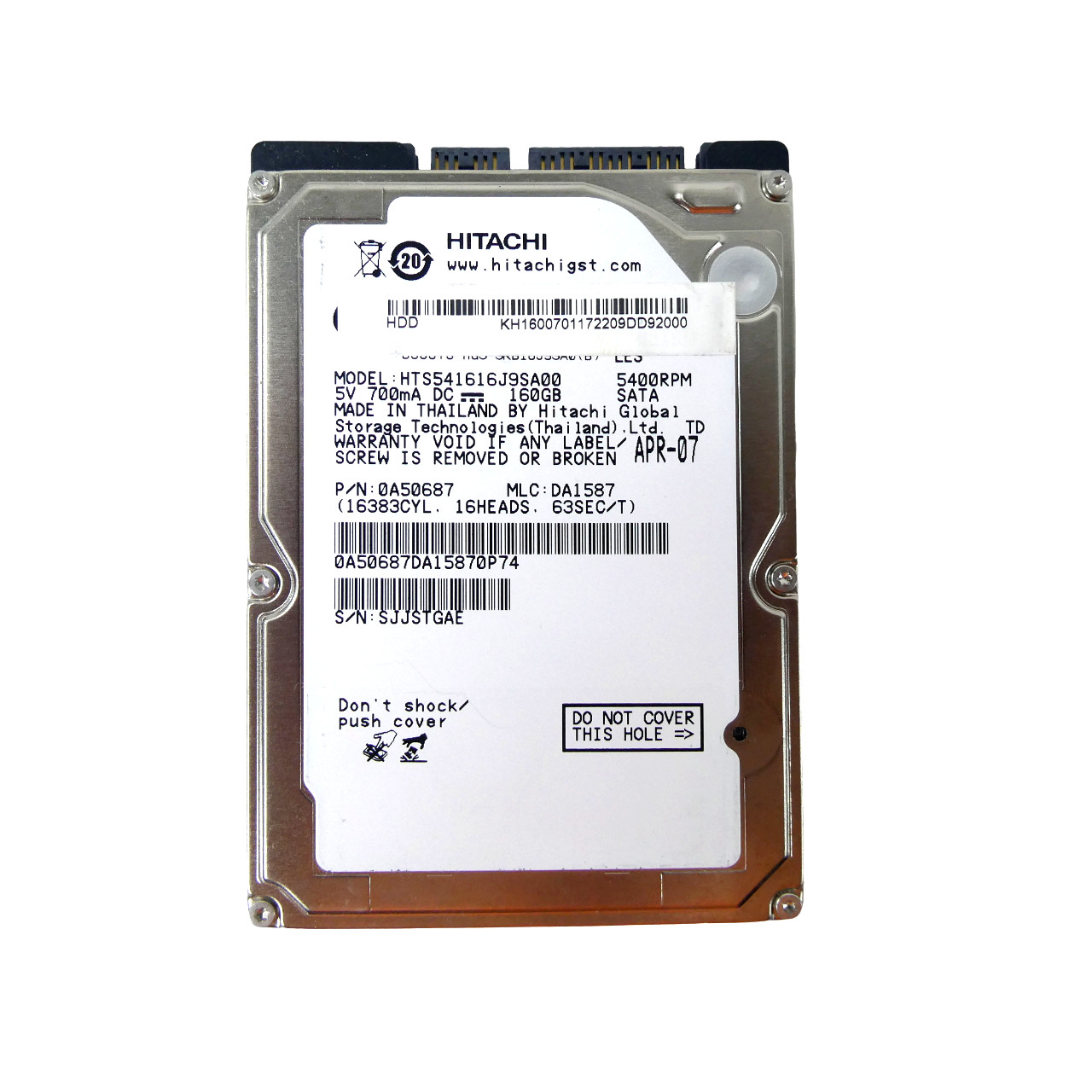 HITACHI (HTS541616J9SA00) 160 GB HDD 2.5" 8 MB 5400 RPM SATA Laptop Hard Disk