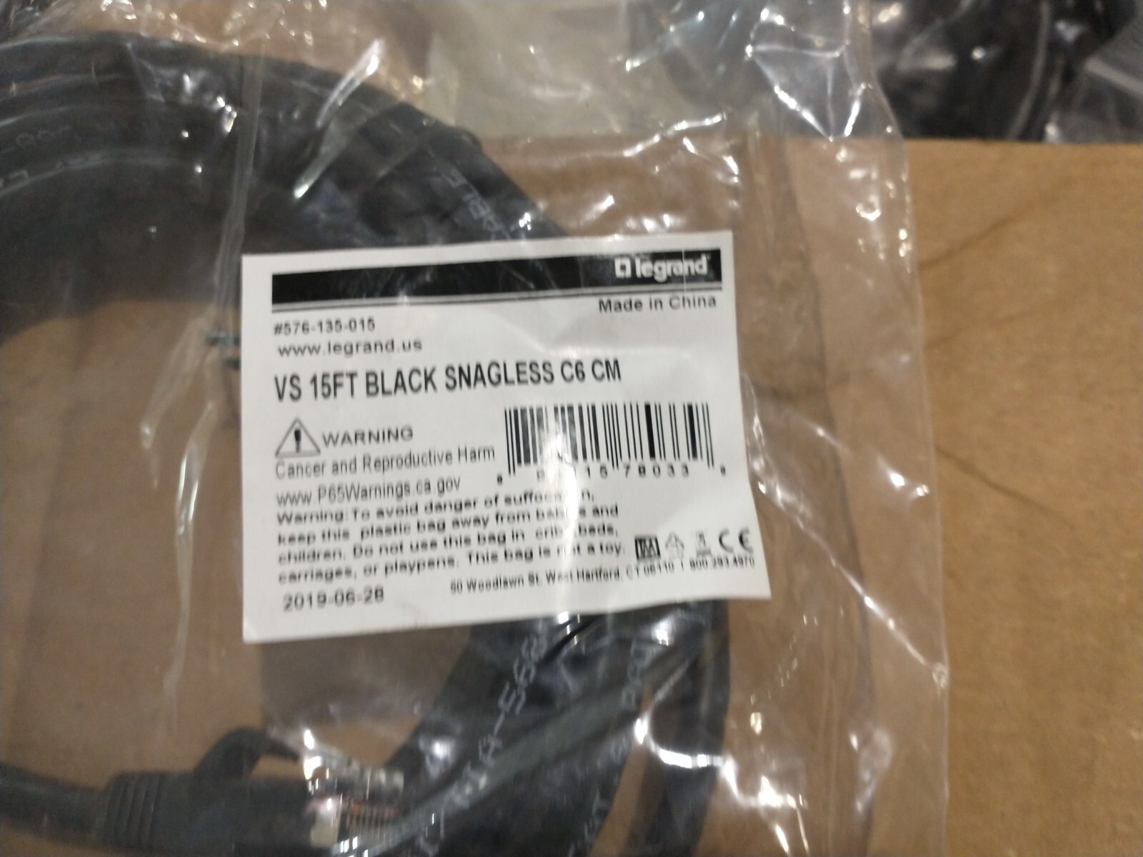 Legrand VS 15' Black Snagless C6 CM Patch Cord Cat 6 576-135-015 - Fast Ship