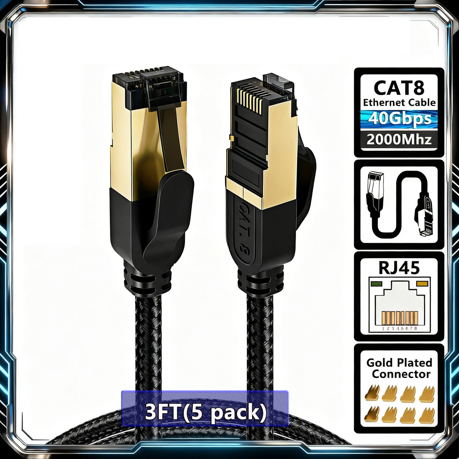 Cat 8 Ethernet Cable Braided 40Gbps 2000Mhz CAT8 Network Cord RJ45 LAN Cables