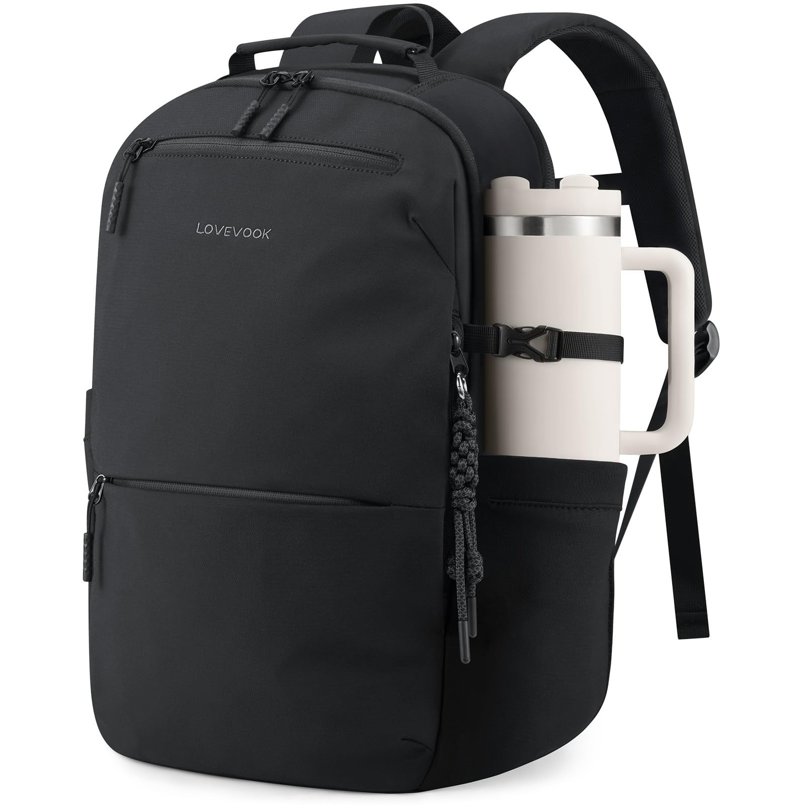 LOVEVOOK Laptop Backpack 15.6" Women Men Black with Tumbler Holder Laptop