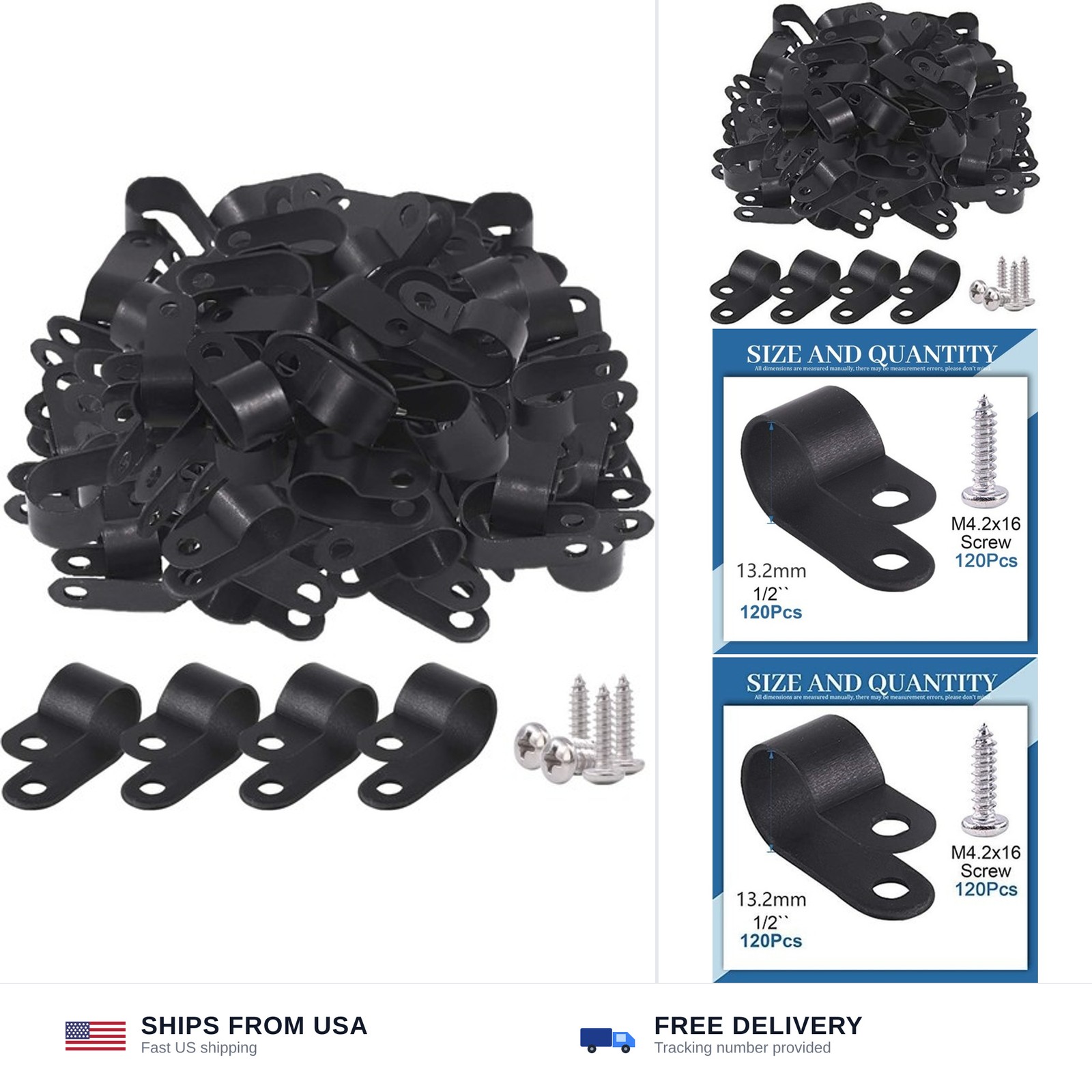 Glarks 120Pcs 1/2 Inch Black Nylon Screw Mounting R-Type Cable Clip Wire Clam...