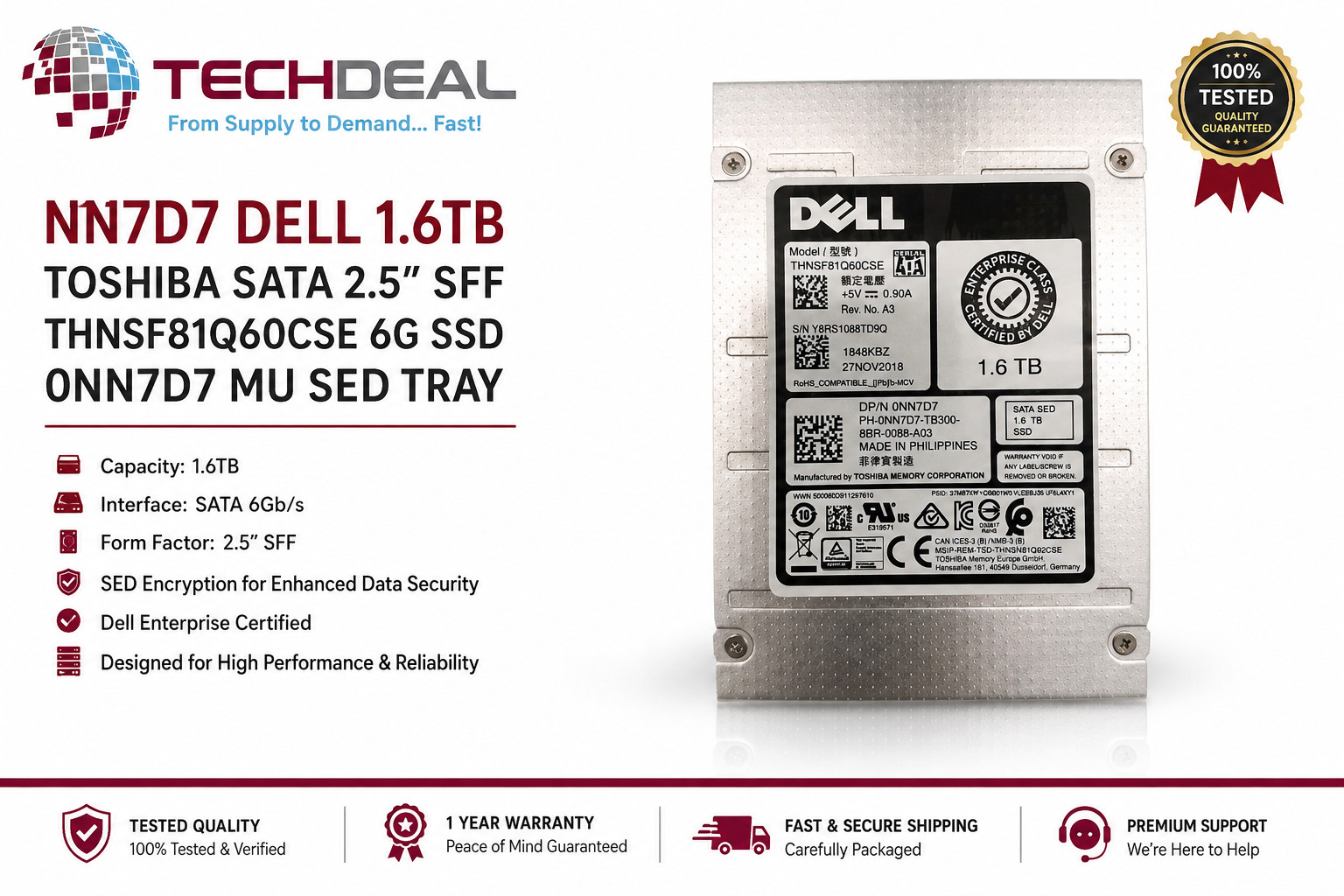 NN7D7 Dell 1.6TB Toshiba SATA 2.5" SFF SSD THNSF81Q60CSE 6Gb/s MU SED 0NN7D7
