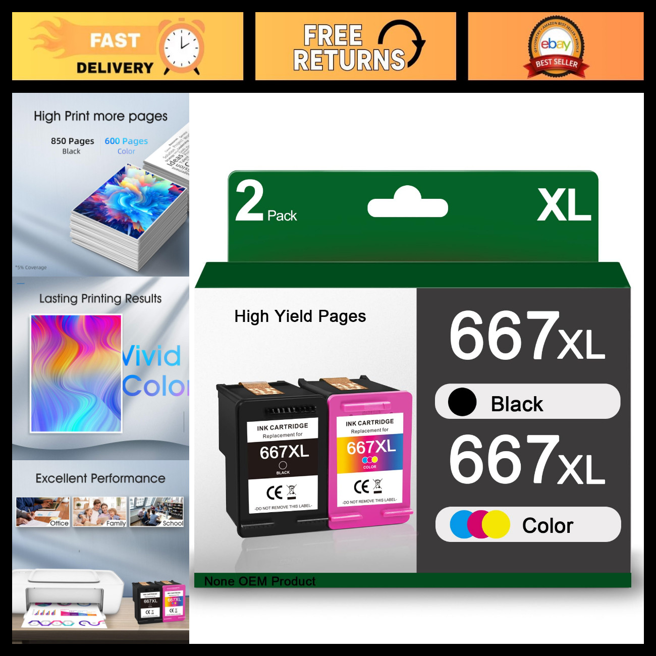 High-Capacity 667XL Ink Cartridges Combo Pack - Black & Color Replacement Set