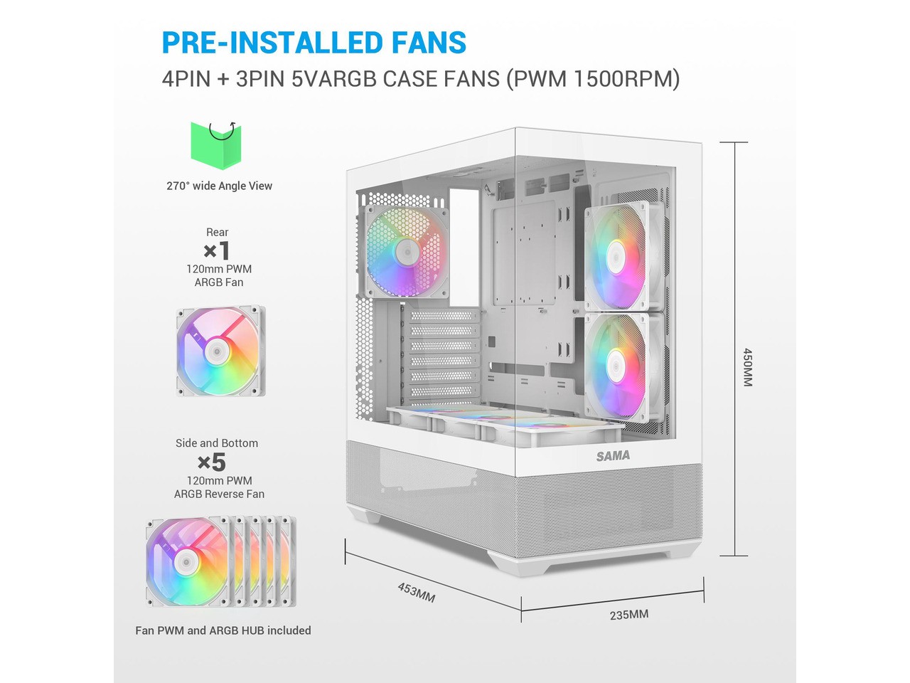 SAMA V40 White ATX Mid Tower PC Case, 6 Pre-Installed 120mm ARGB PWM Fans, Dual