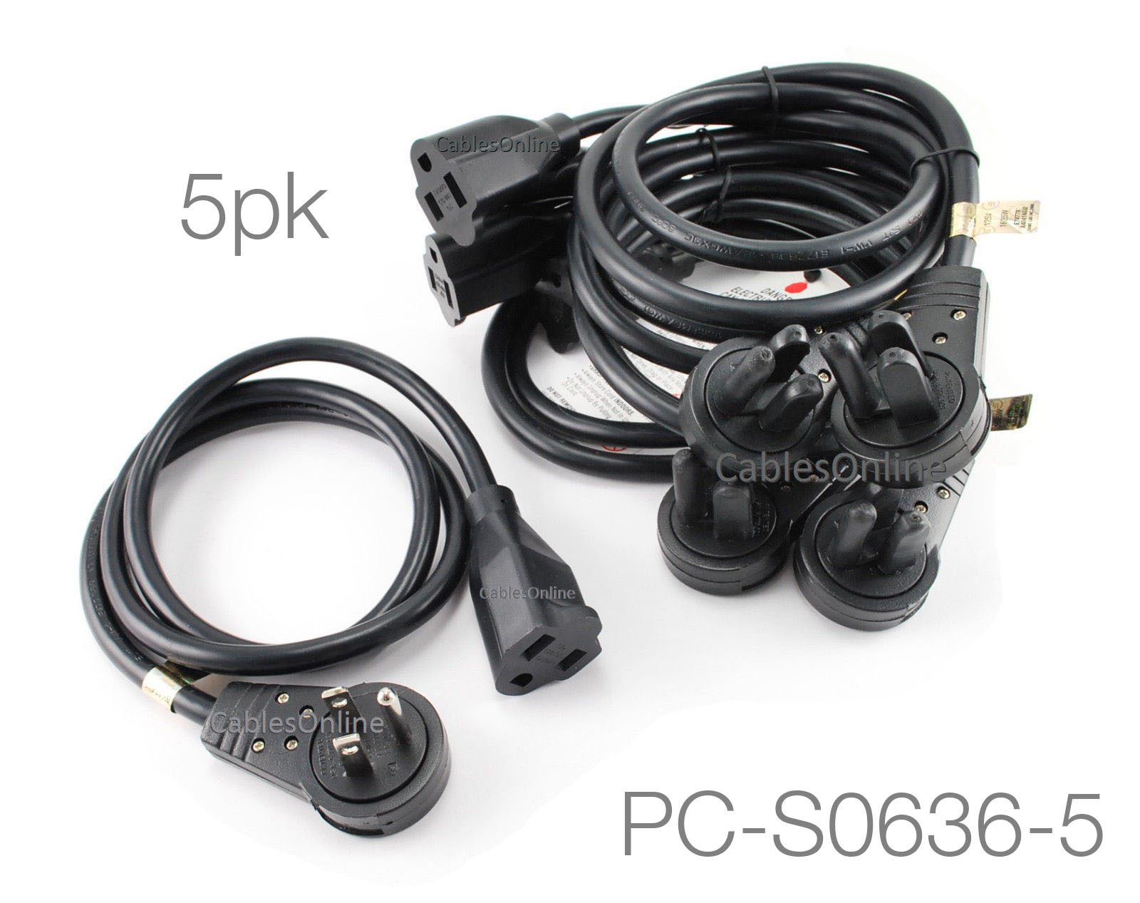5-PACK 3ft. Rotating 360 Degree Flat Plug Power Extension Cord NEMA 5-15P/5-15R