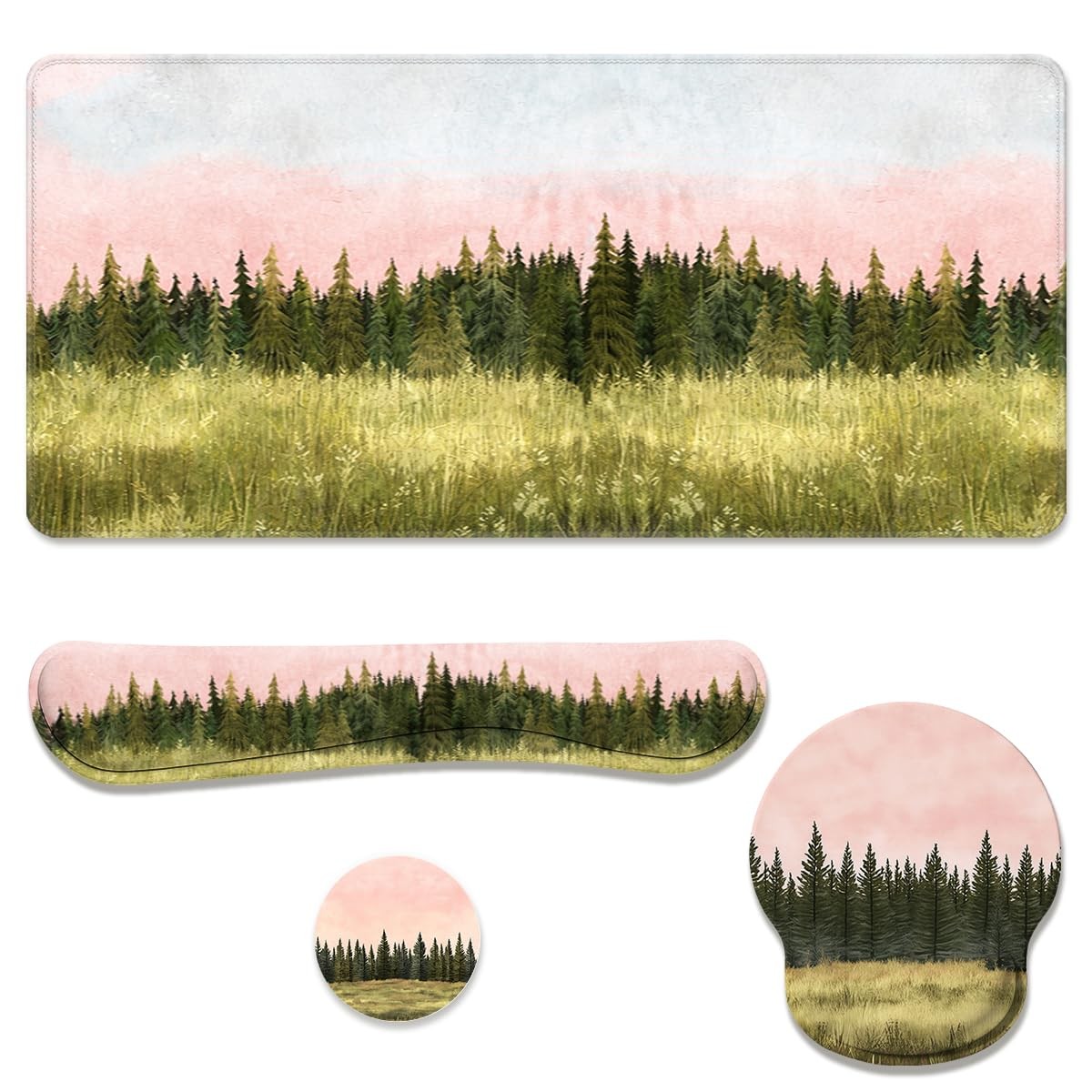 Forest Meadow Desk Mat Set Watercolor Pine Landscape Large Mouse Pad with Wri...