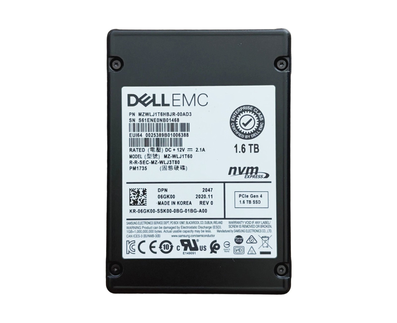 Hard drive Dell 1.6TB SSD NVMe PCIe 4.0x4 U.2 2.5" V-NAND TLC MU 6GK00