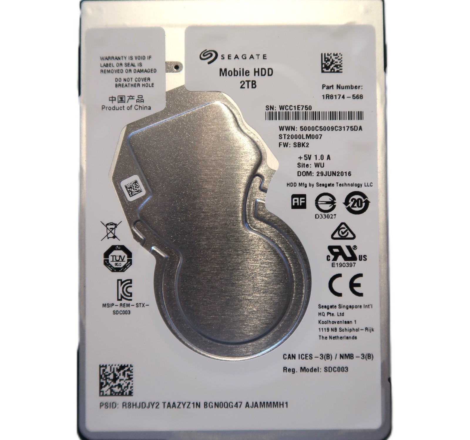 ST2000LM007 PN: 1R8174-568 FW: SBK2 (WCC1) 2.5" 2TB Sata HDD WU China JUN/2016