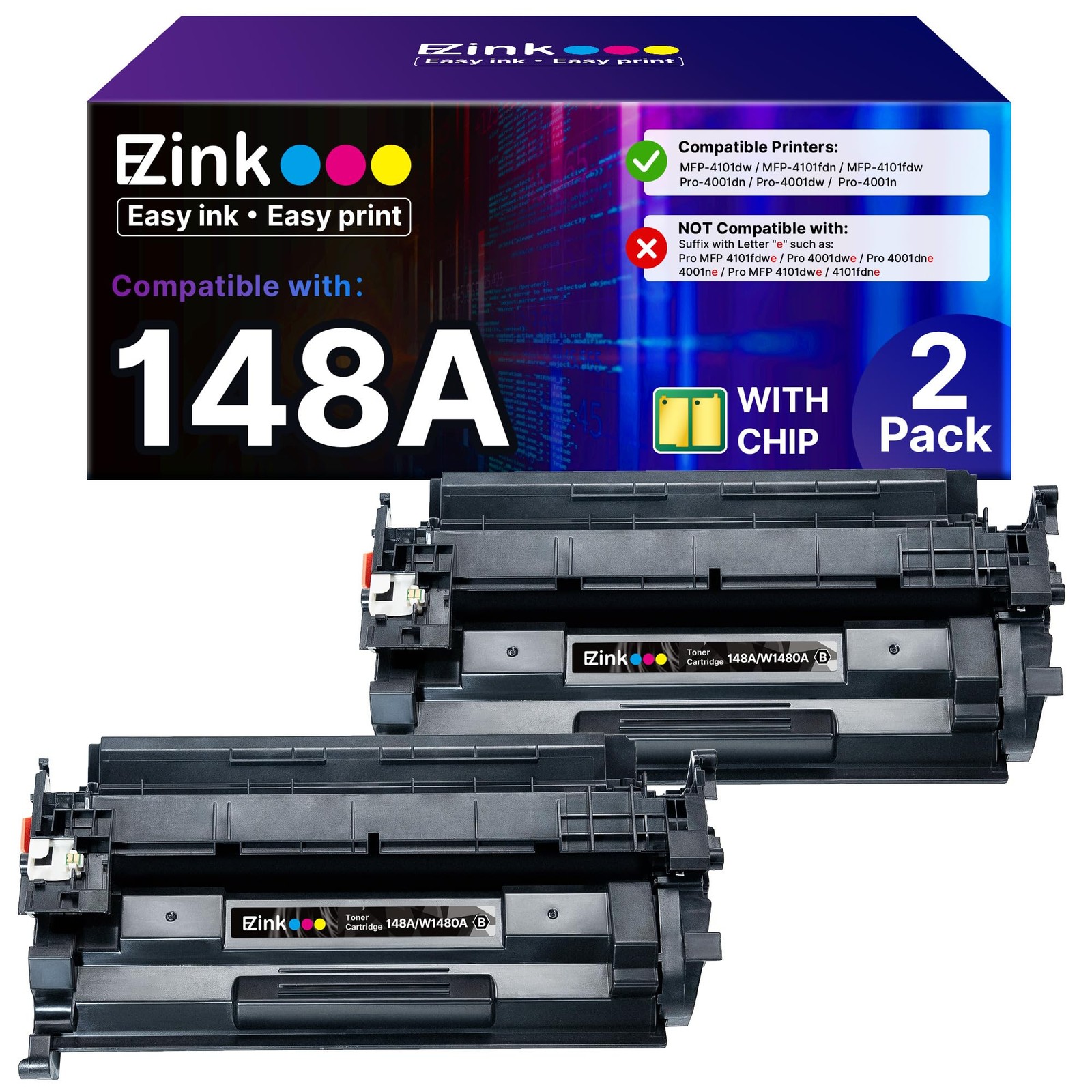 E-Z Ink 148A Toner Cartridge with Chip for HP 4001n 4101fdw W1480A 148X