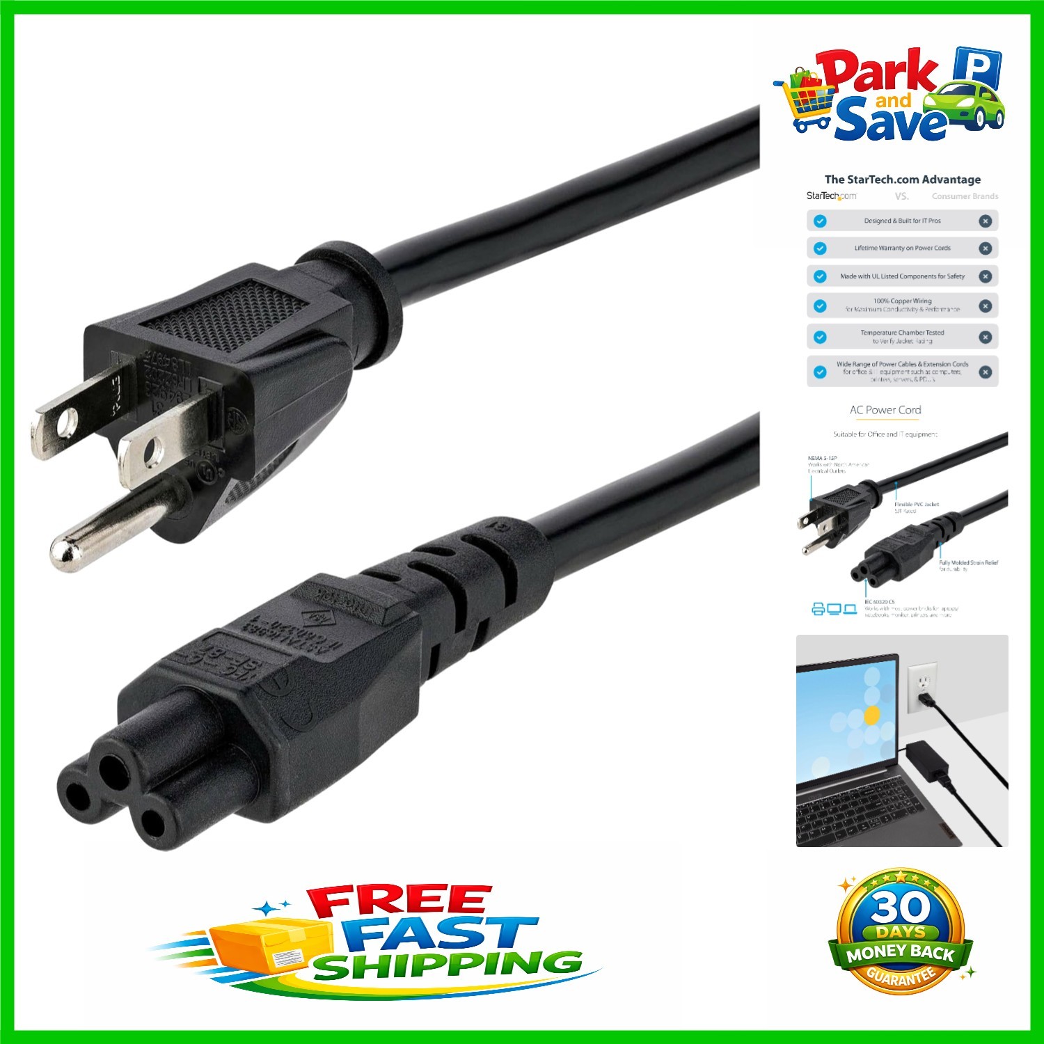 10ft Power Cable NEMA 5-15P to IEC C5 Connector - Reliable Replacement