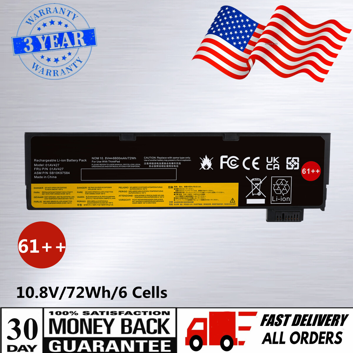 61++ Battery for Lenovo ThinkPad T470 T480 T570 T580 01AV492 01AV423 /Charger
