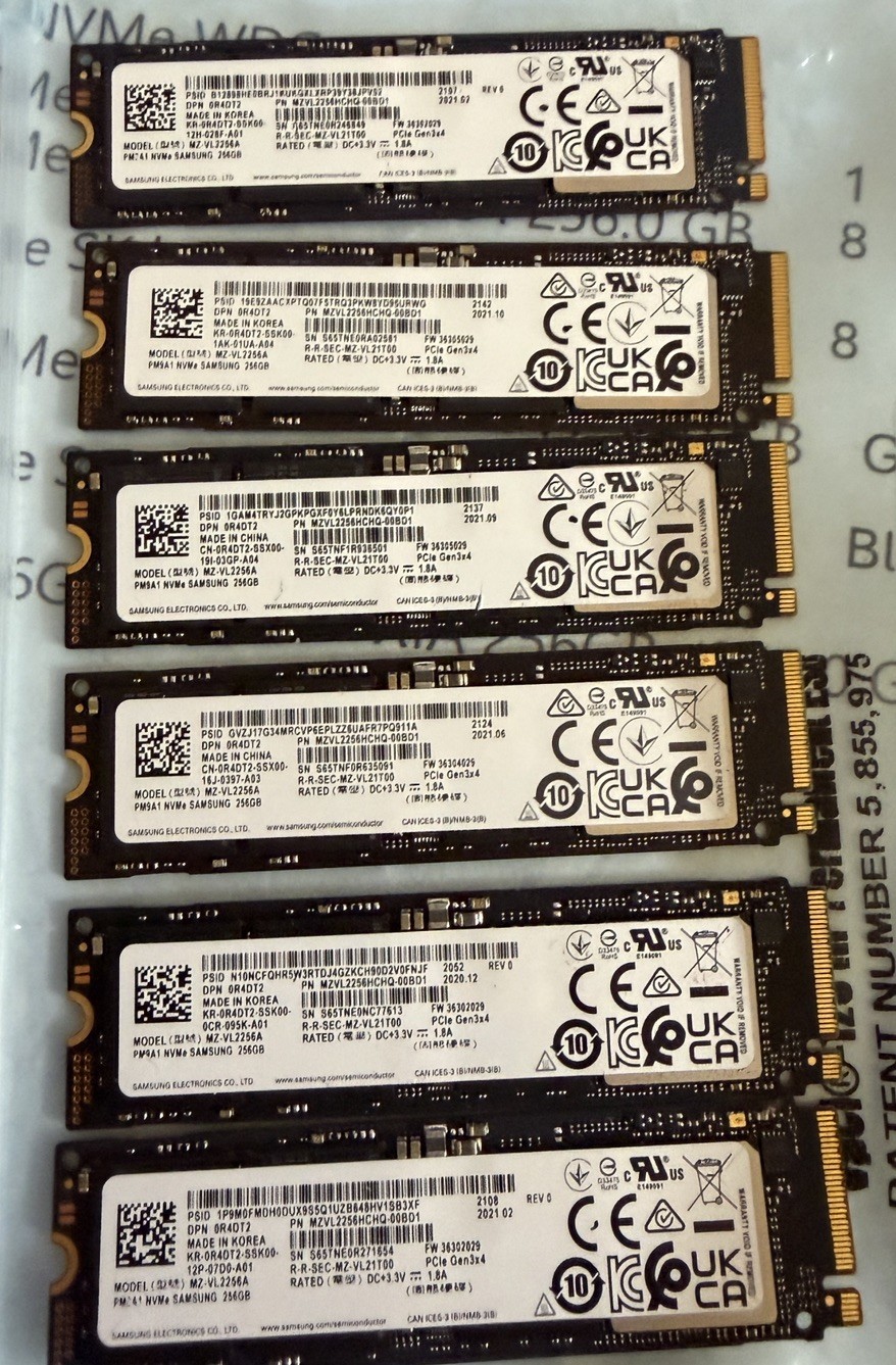 Lot of 6 Samsung SSD 256GB PM9A1 NVMe Tested Good. 