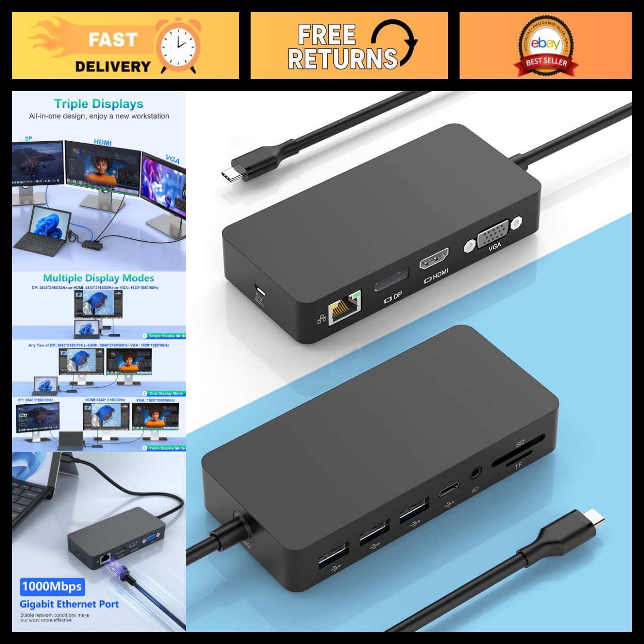 11-in-1 Thunderbolt 4 Docking Station for Surface & Laptops, Triple Display 4K D